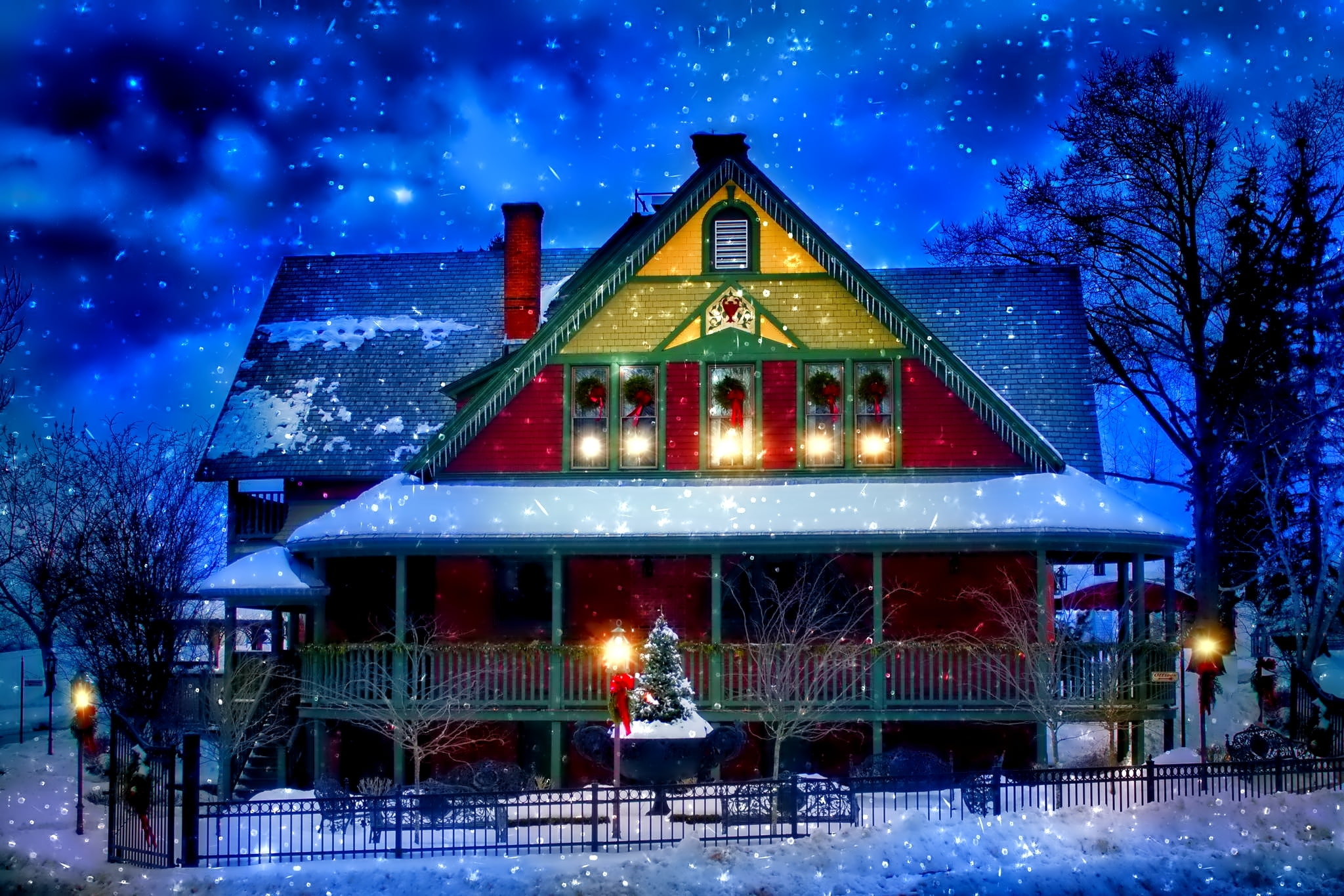 snow, lighting equipment, architecture, the fence, night, tree, nature, New year, snowing, building, cold temperature, holiday, lights, illuminated, Christmas, HD Wallpaper