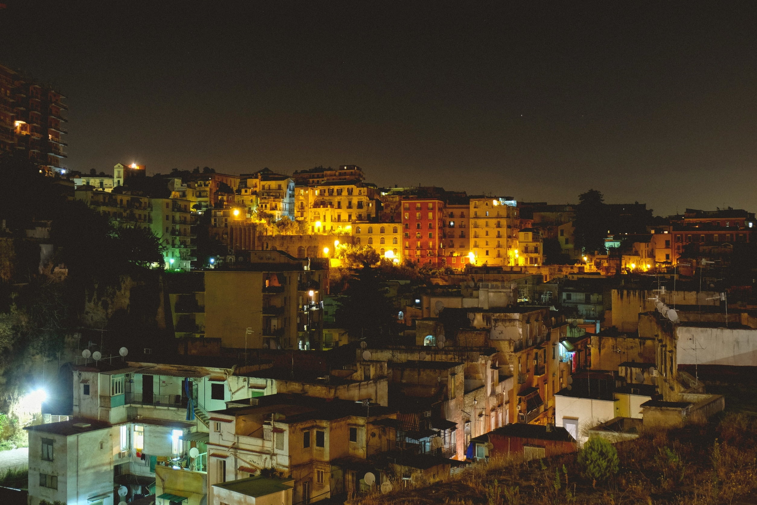 1080P, sky, house, deteriorated, city, illuminated, residential district, building, lighted, beside, lights, urban, houses, building exterior, city life, HD Wallpaper