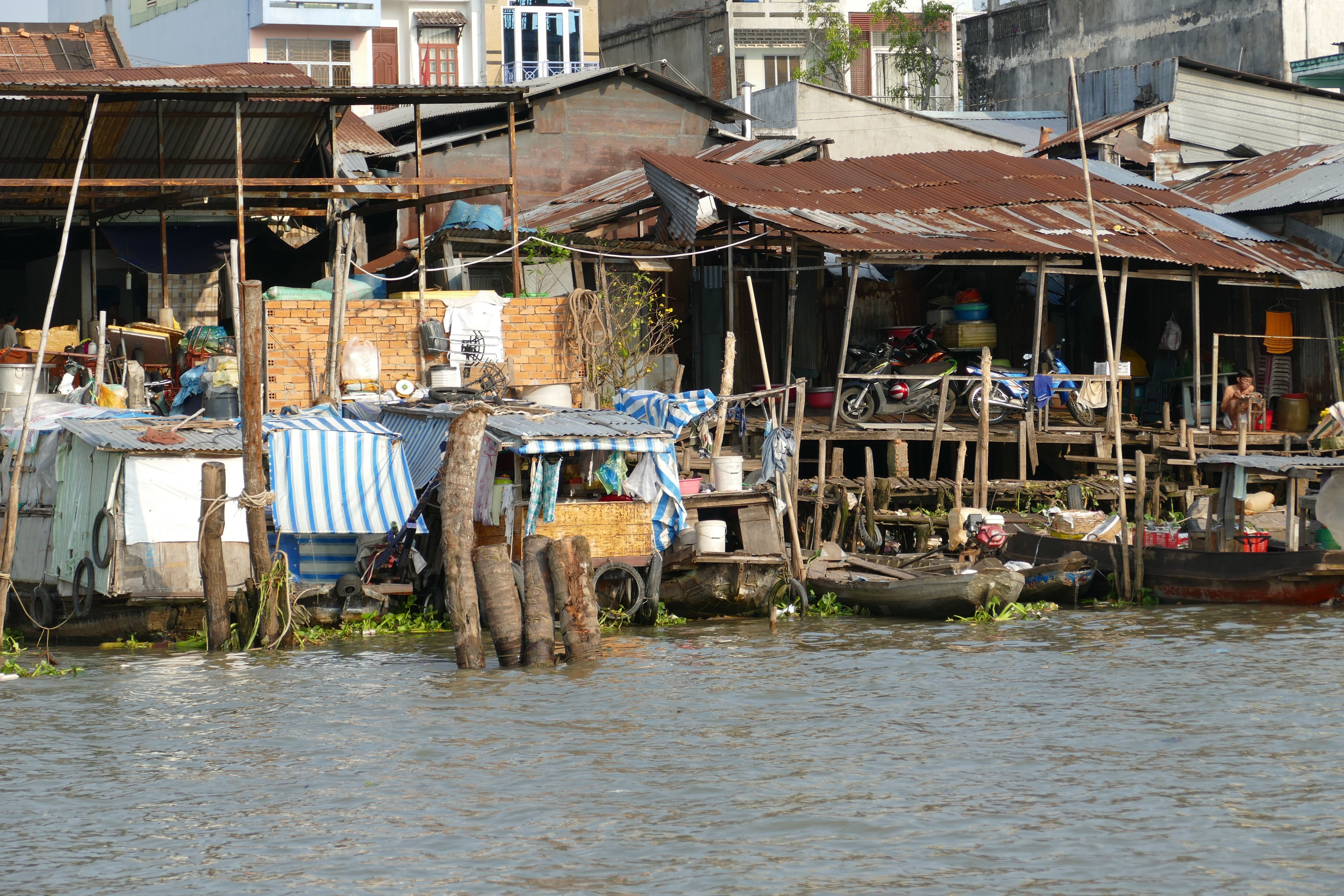 slum, Mekong River, transportation, house, Vietnam, day, mode of transportation, waterfront, travel destinations, can tho, fishing boat, mekong delta, stilt house, HD Wallpaper