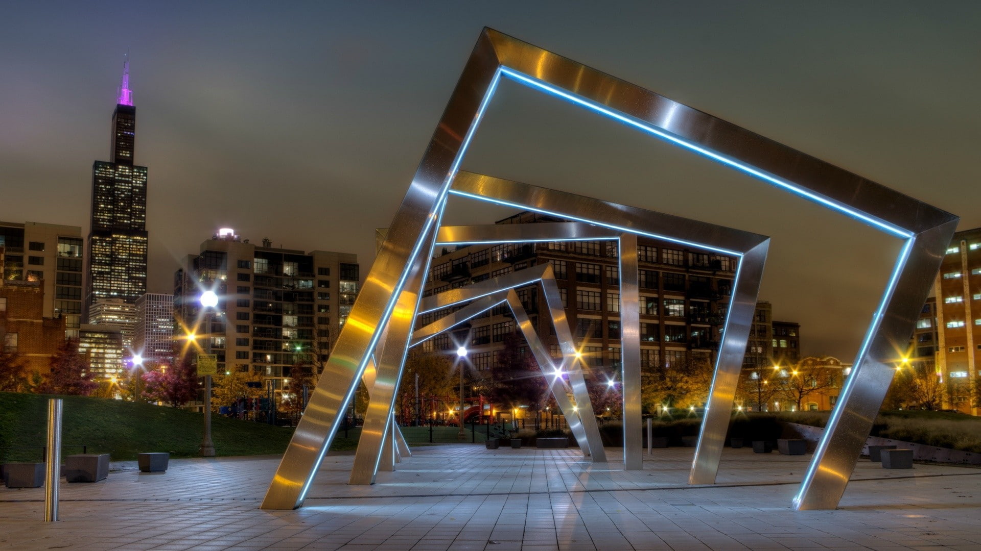 Illinois, urban, building, cityscape, park, tiles, Chicago, geometry, trees, skyscraper, USA, lights, street, city, house, 1080P, artwork, metal, night, HD Wallpaper