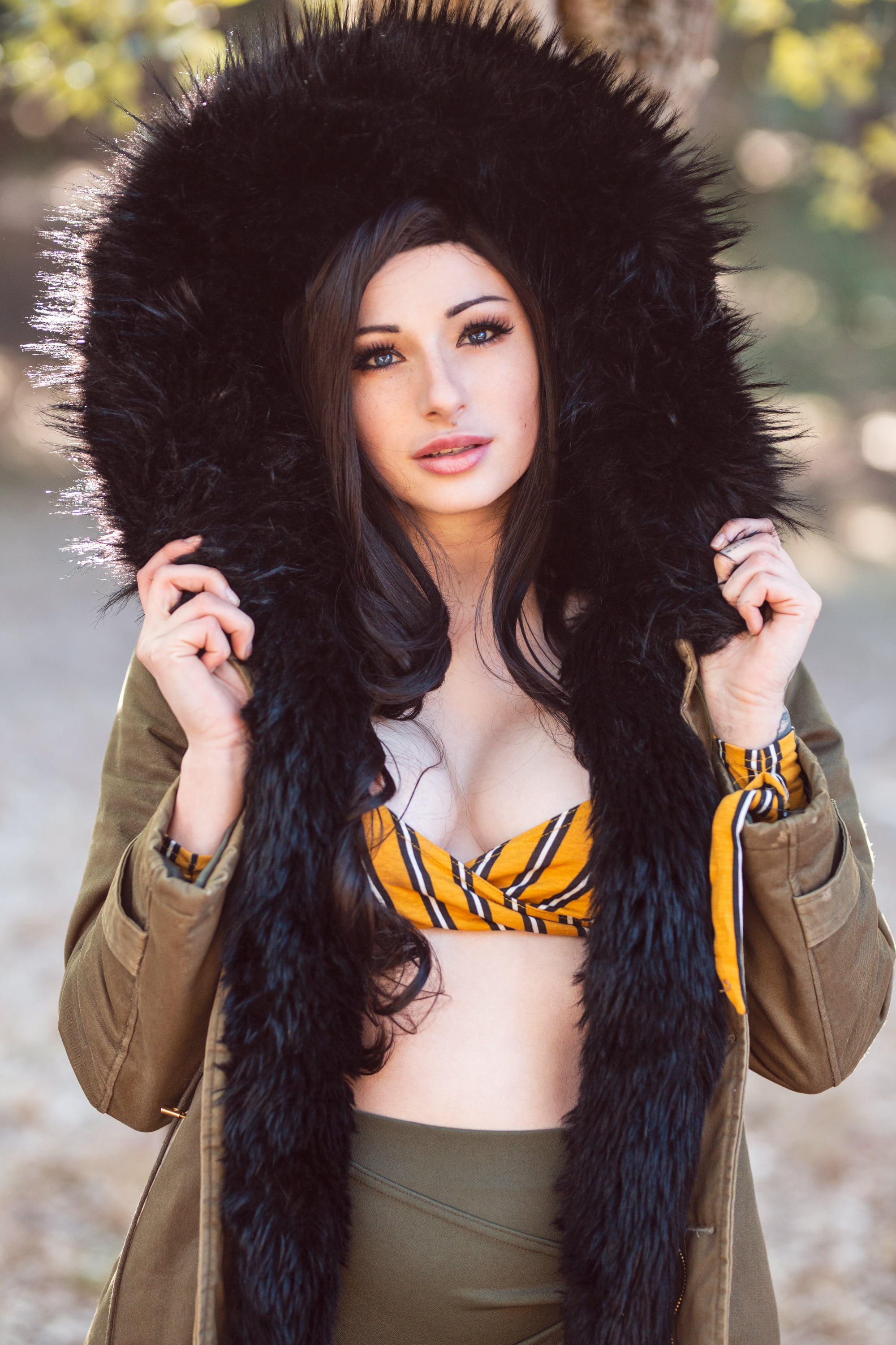 Kayla Erin, adult, brown, clothing, hoods, hair, jacket, beautiful people, young adult, front view, black, fashion, beauty, beautiful woman, portrait, winter, Phone HD Wallpaper