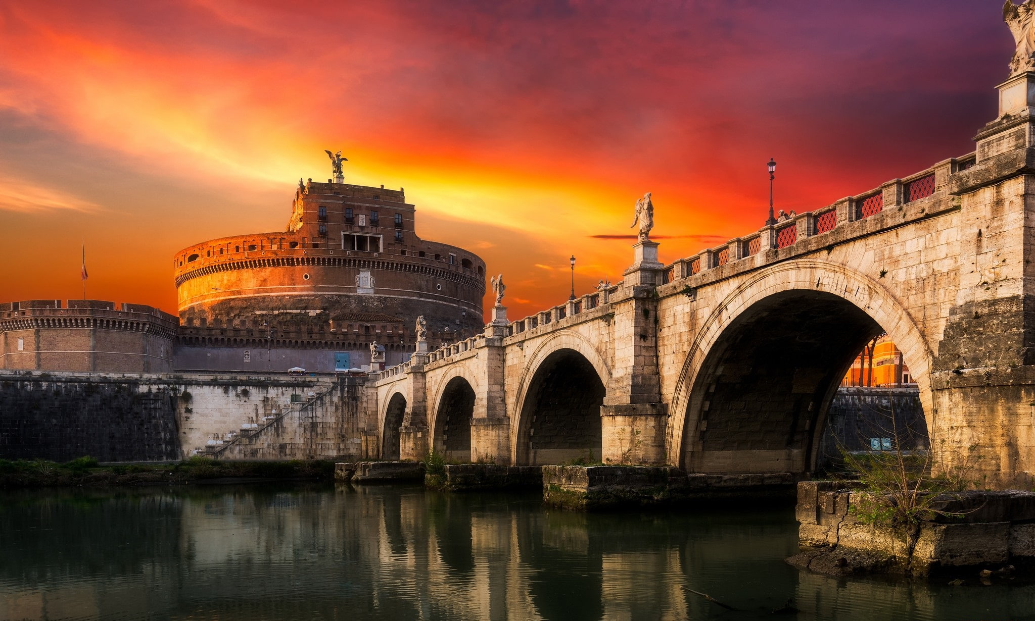 Italy, 1080P, bridge, the city, Sant`Angelo, landscape, The Vatican, sunset, Rome, HD Wallpaper