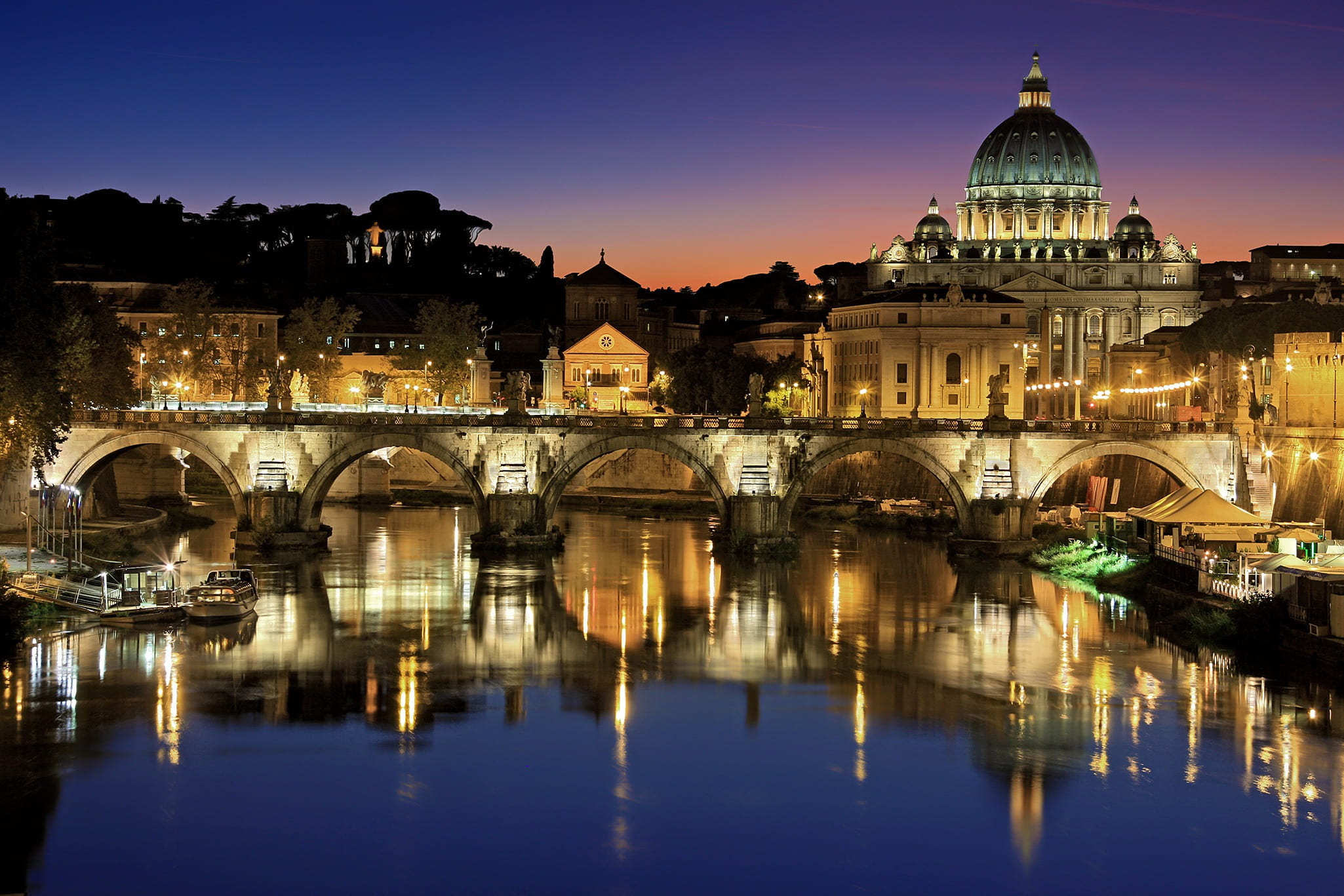 aelius bridge, st peters basilica, illuminated, mirroring, city, the past, holiday, outdoors, travel destinations, vatican, reflections, bridge, travel, HD Wallpaper