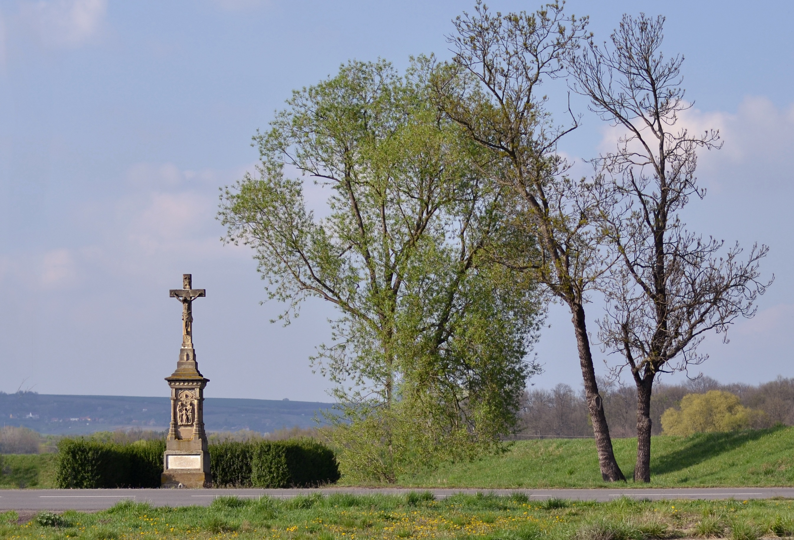 sky, spire, history, plant, architecture, religion, spirituality, no people, 2K, outdoors, statuary, christianity, wayside, day, field, cross, nature, HD Wallpaper