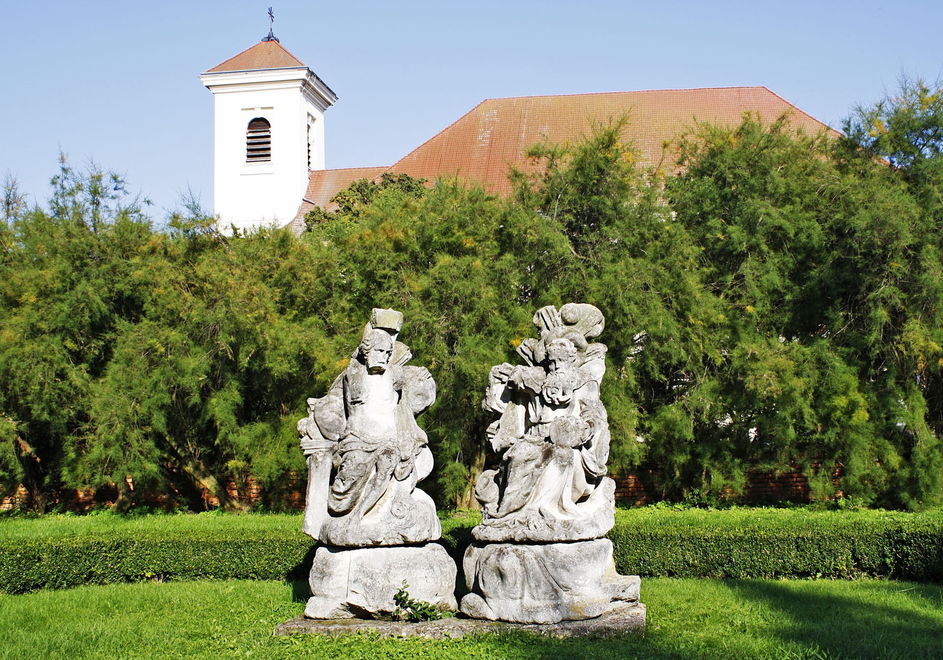 belief, religion, sky, statuary, tree, grass, church, representation, creativity, building, architecture, slavkov gardens, statue, nature, plant, green color, HD Wallpaper