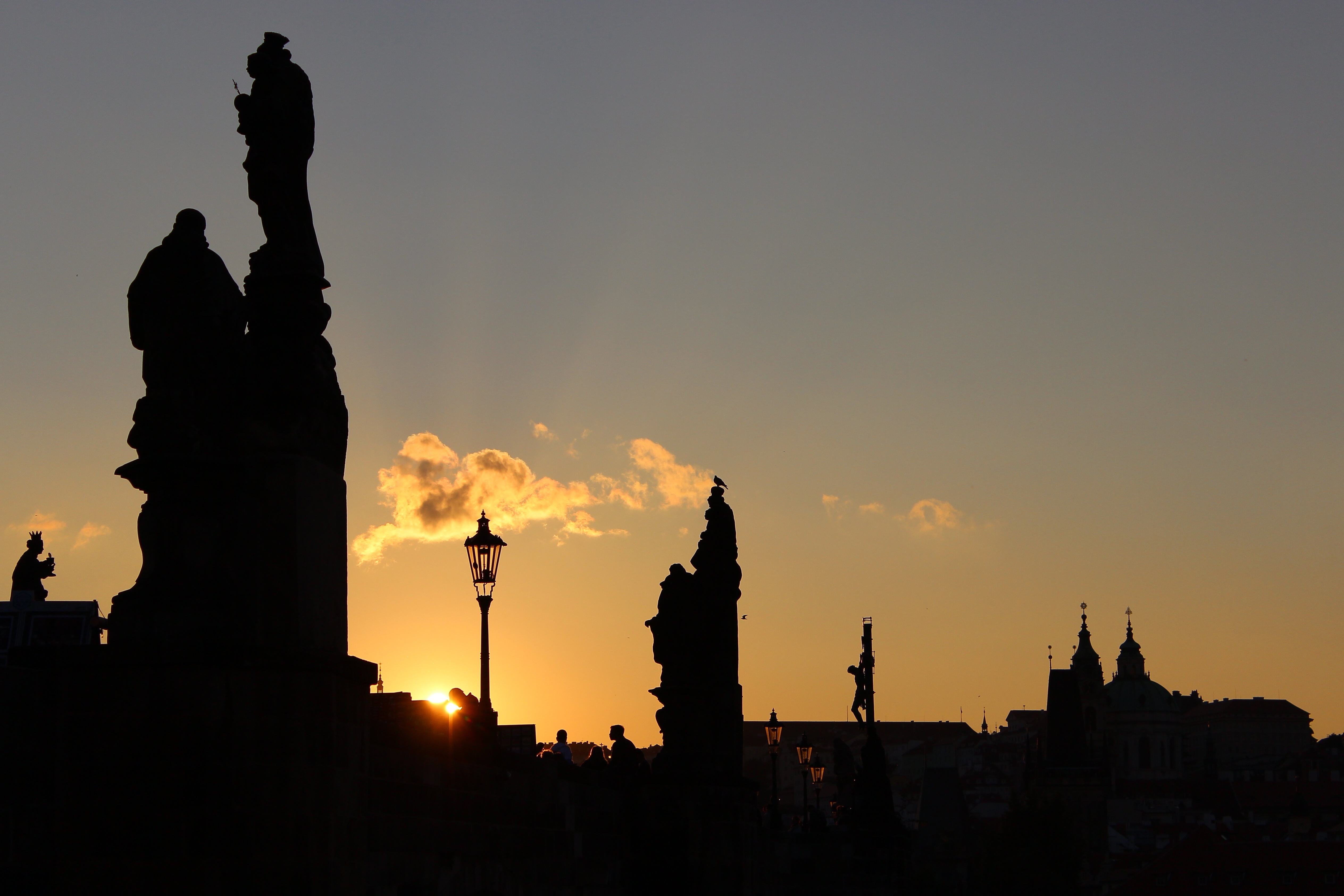 4K, prague, government, tourism, representation, history, travel destinations, silhouette, art and craft, bridge, no people, sunset, city, human representation, HD Wallpaper
