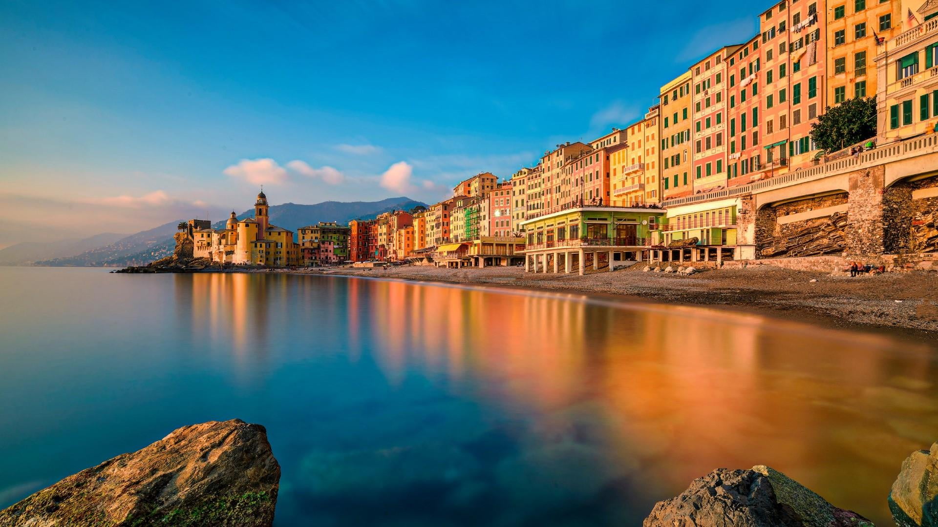 travel destinations, camogli, water, architecture, cityscape, rock - object, sea, waterfront, liguria, blue, basilica, built structure, italy, tourism, HD Wallpaper