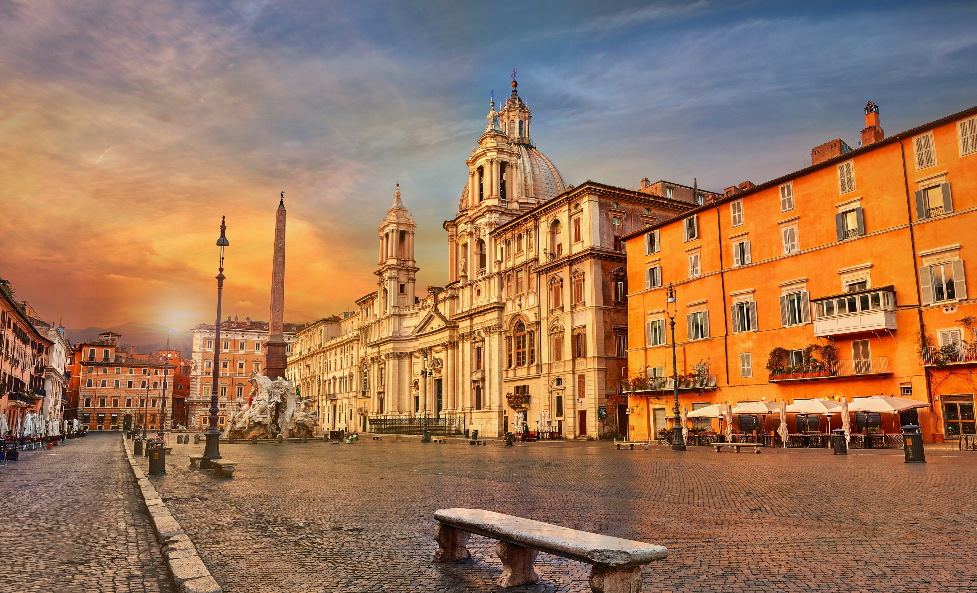 area, Fountain Of The Four Rivers, Piazza Navona, Italy, obelisk, bench, Rome, 2K, HD Wallpaper