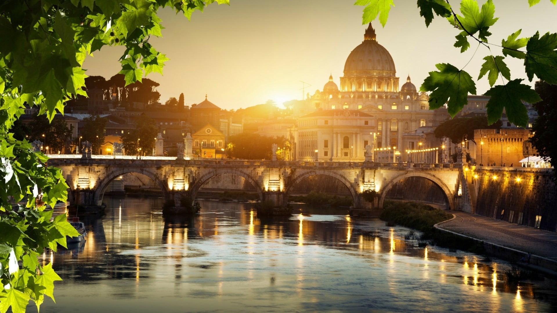arch bridge, water, sunlight, river, italy, illuminated, st angelo bridge, city, built structure, europe, basilica, rome, eu, no people, 1080P, morning, HD Wallpaper