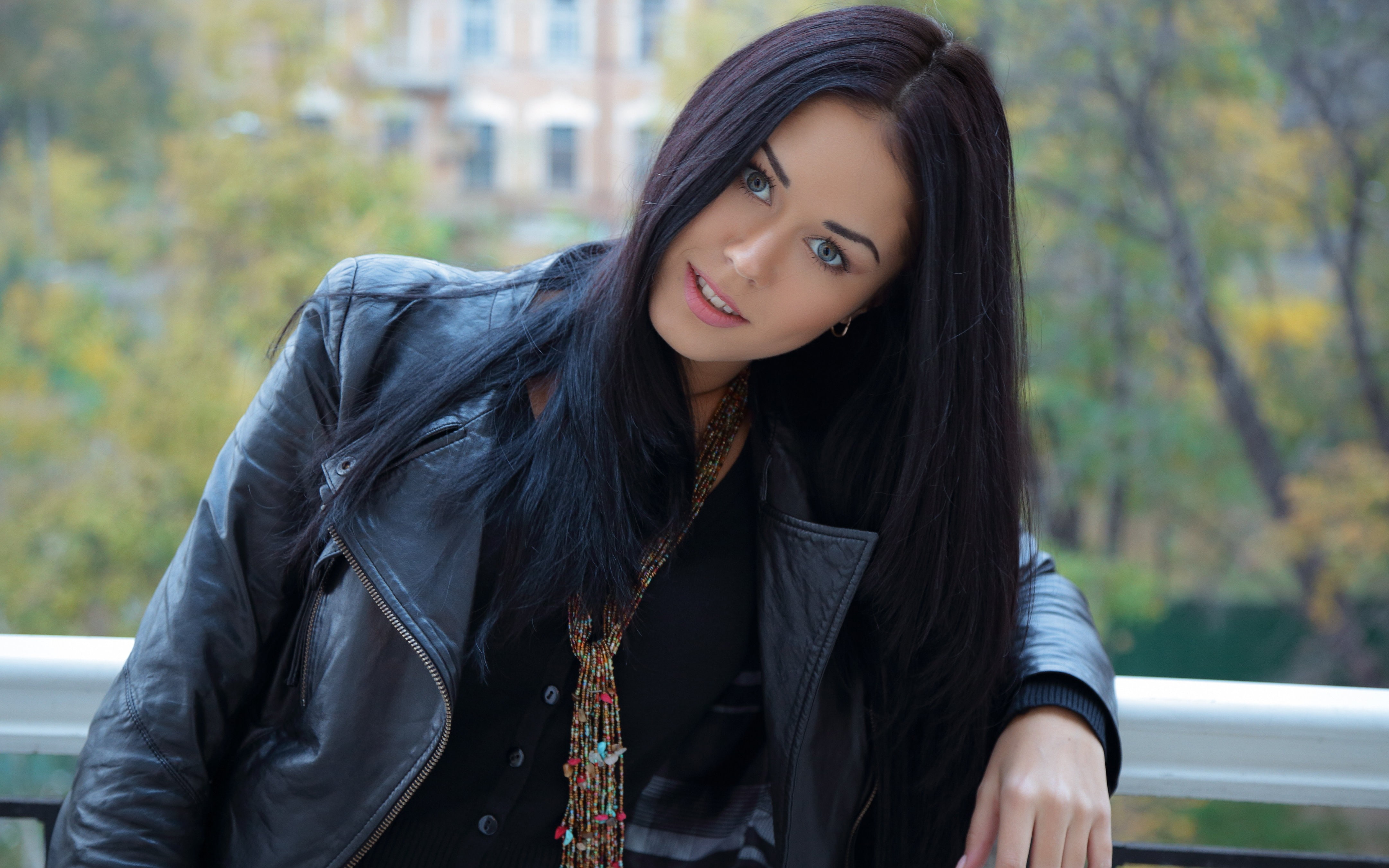 jacket, model, looking at viewer, black hair, 4K, open mouth, Macy B, leather jackets, women, smiling, balcony, HD Wallpaper