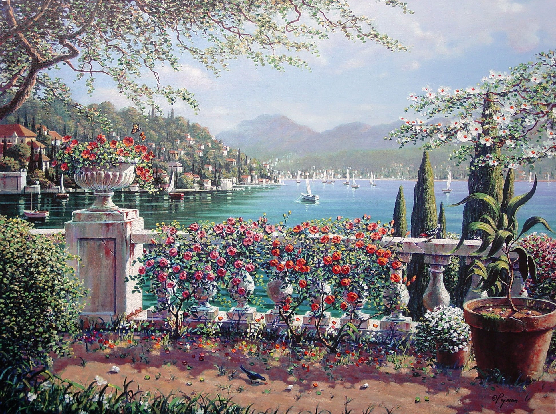 urban Scene, lake, water, Bob Pejman, cultures, outdoors, no people, Bellagio, sail, formal Garden, plant, mountain, multi Colored, flower, decoration, HD Wallpaper