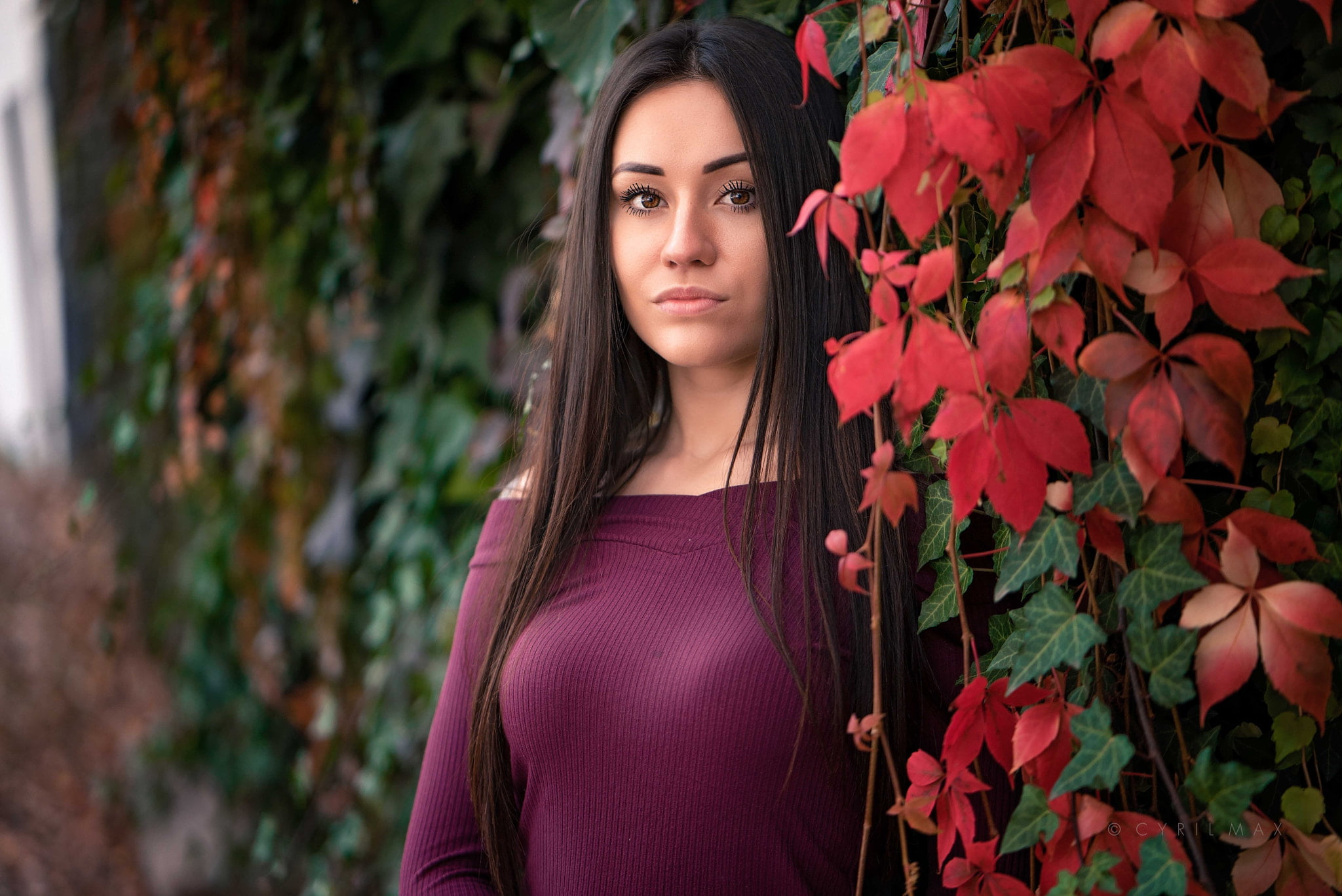 long hair, lifestyles, flowering plant, leaves, portrait, Cyril Max, standing, hair, hairstyle, leisure activity, looking at camera, beautiful woman, flower, HD Wallpaper