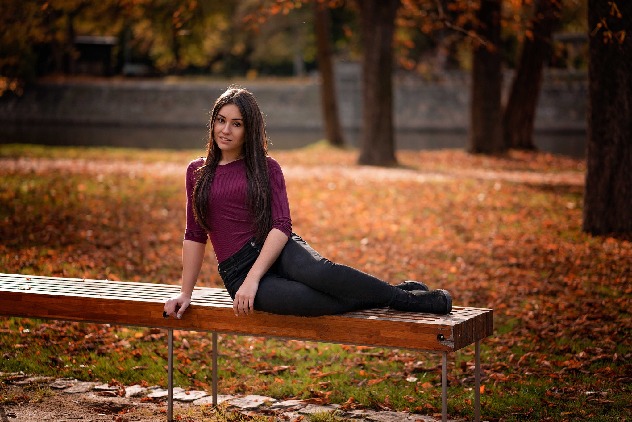 sitting, autumn, women outdoors, outdoors, portrait, brunette, beautiful woman, land, lifestyles, full length, focus on foreground, young adult, 1080P, HD Wallpaper