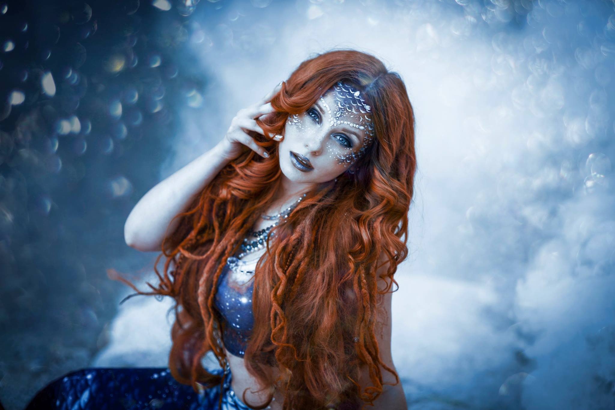 look, long hair, background, makeup, 1080P, mermaid, face, curls, Lenka Marcova, girl, HD Wallpaper