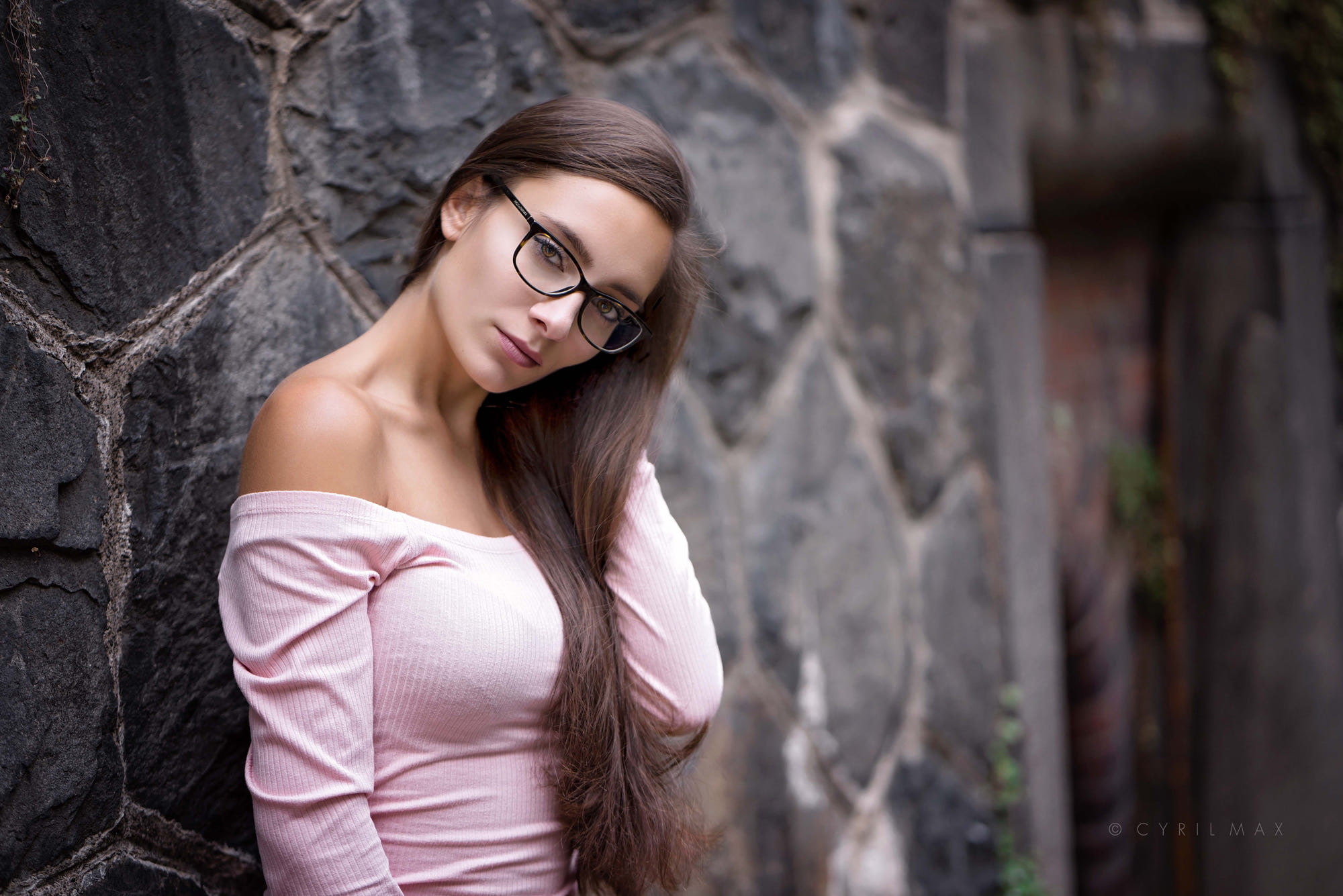 standing, waist up, bare shoulders, long hair, brown hair, beautiful woman, Cyril Max, one person, adult, leisure activity, women outdoors, women with glasses, HD Wallpaper