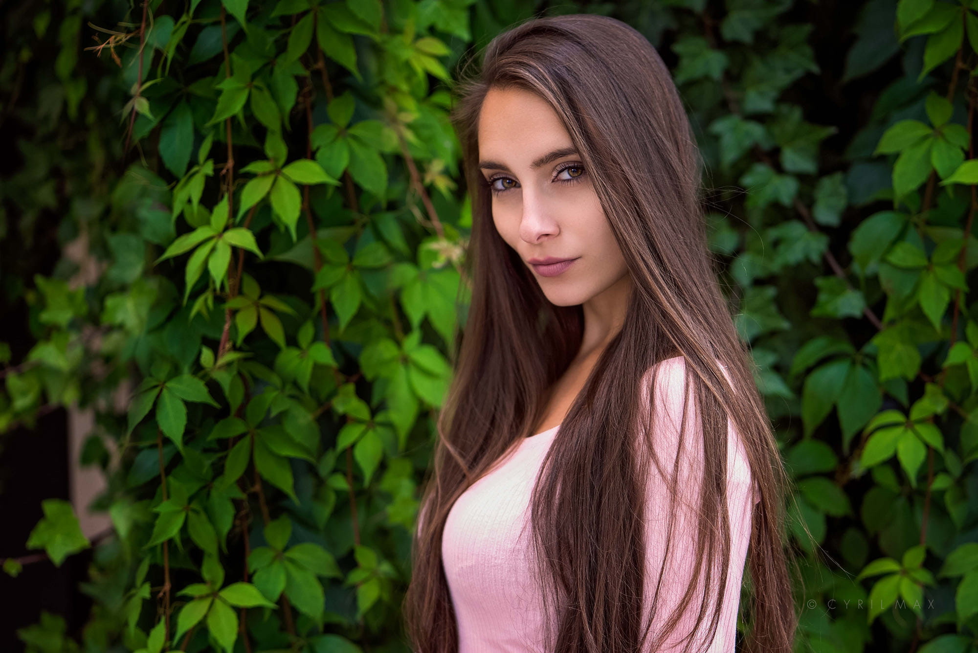 beautiful woman, leaves, long hair, sweater, hairstyle, Cyril Max, adult, 1080P, face, women outdoors, looking at camera, plant part, leisure activity, HD Wallpaper
