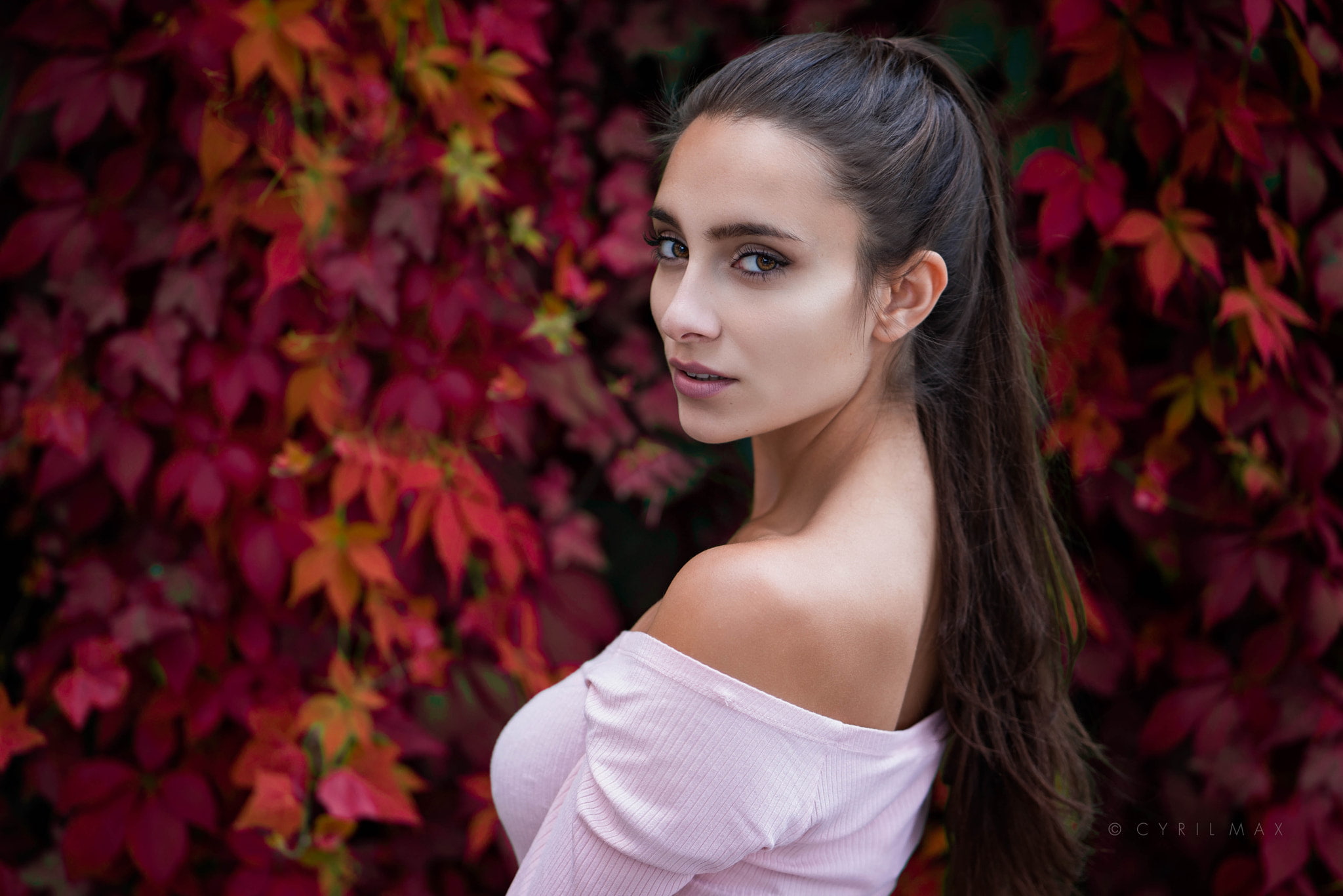 Cyril Max, ponytail, looking at viewer, blue eyes, Pavlina, brunette, model, 1080P, 500px, women, leaves, HD Wallpaper