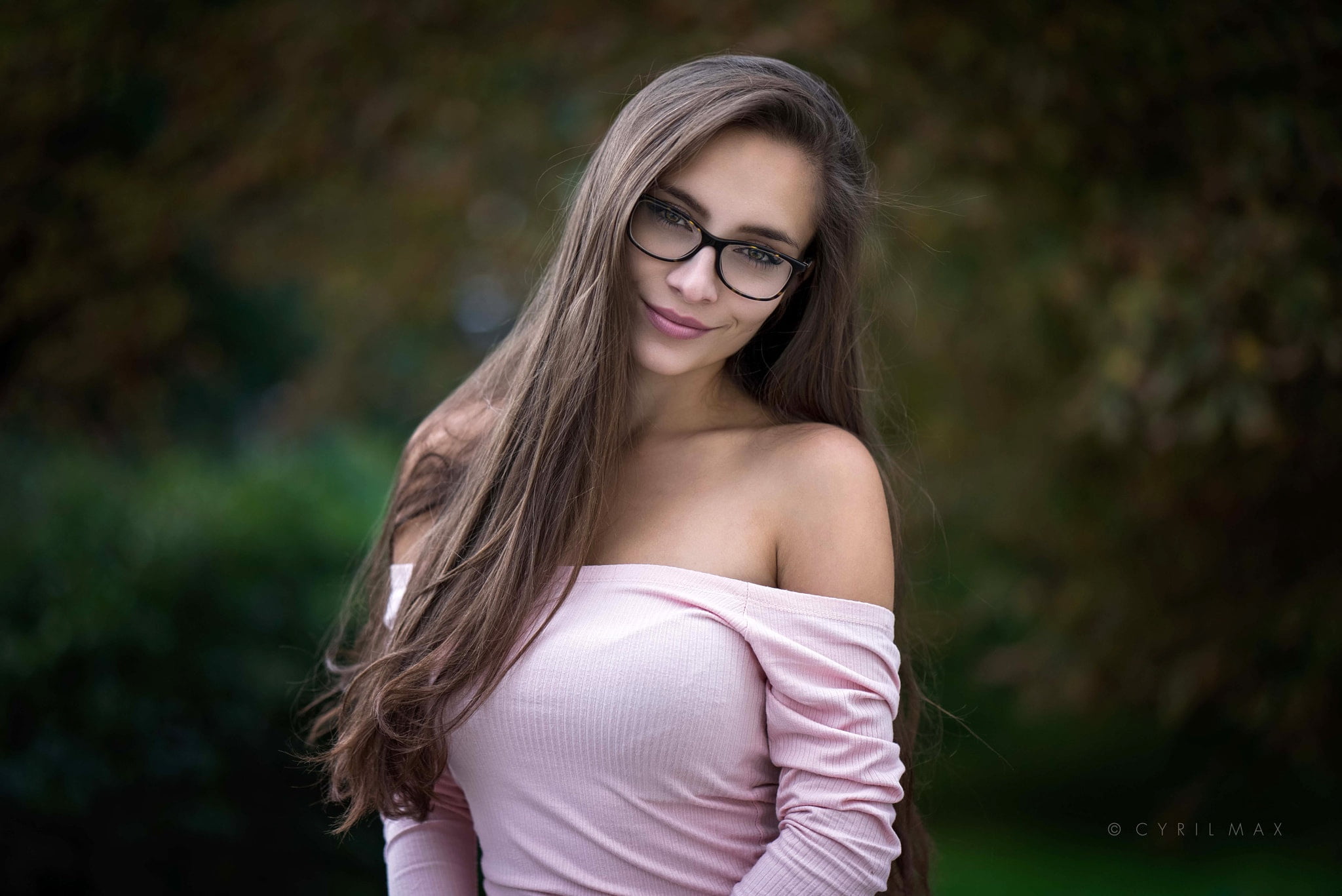 glasses, hairstyle, bokeh, makeup, Pavlína, model, beauty, brown hair, smile, Cyril Max, look, 1080P, portrait, background, HD Wallpaper