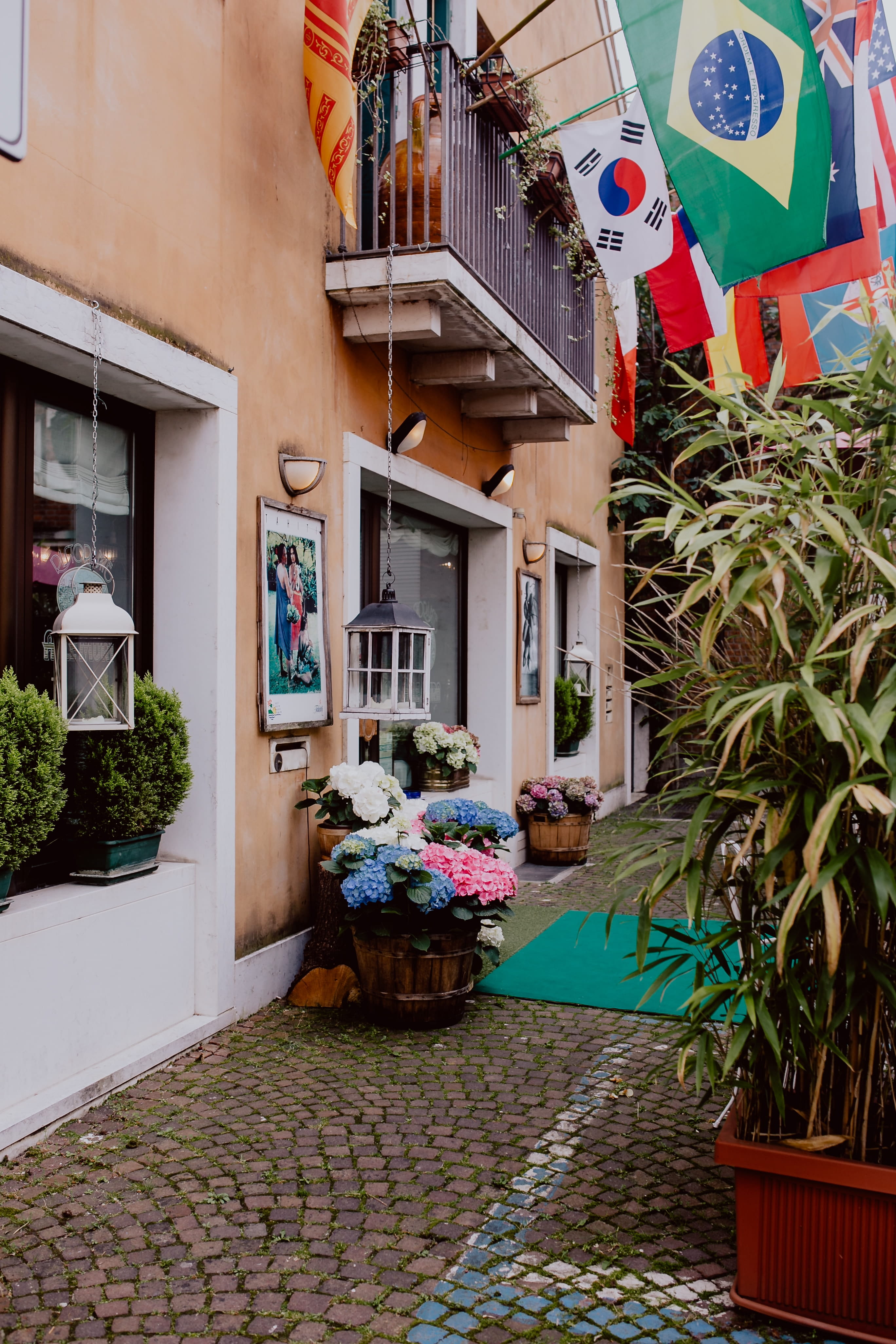 4K, narrow, architecture, potted plant, building exterior, castelfranco, plant, castelfranco veneto, window, street, city, cobblestone, house, outdoors, Phone HD Wallpaper