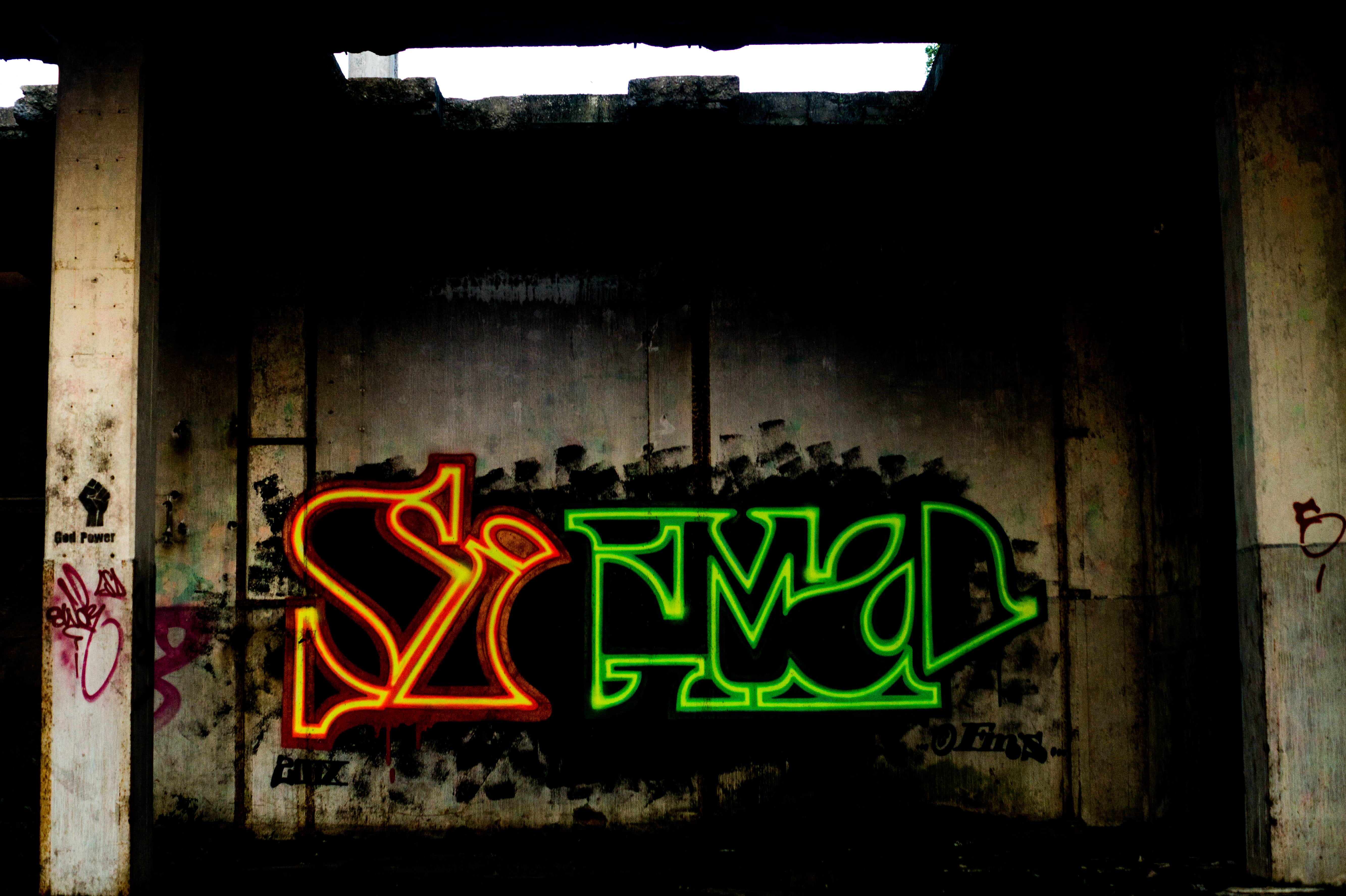 architecture, art, western script, capital letter, built structure, spray paint, text, messy, graffiti, communication, light, sign, 5K, night, building exterior, HD Wallpaper
