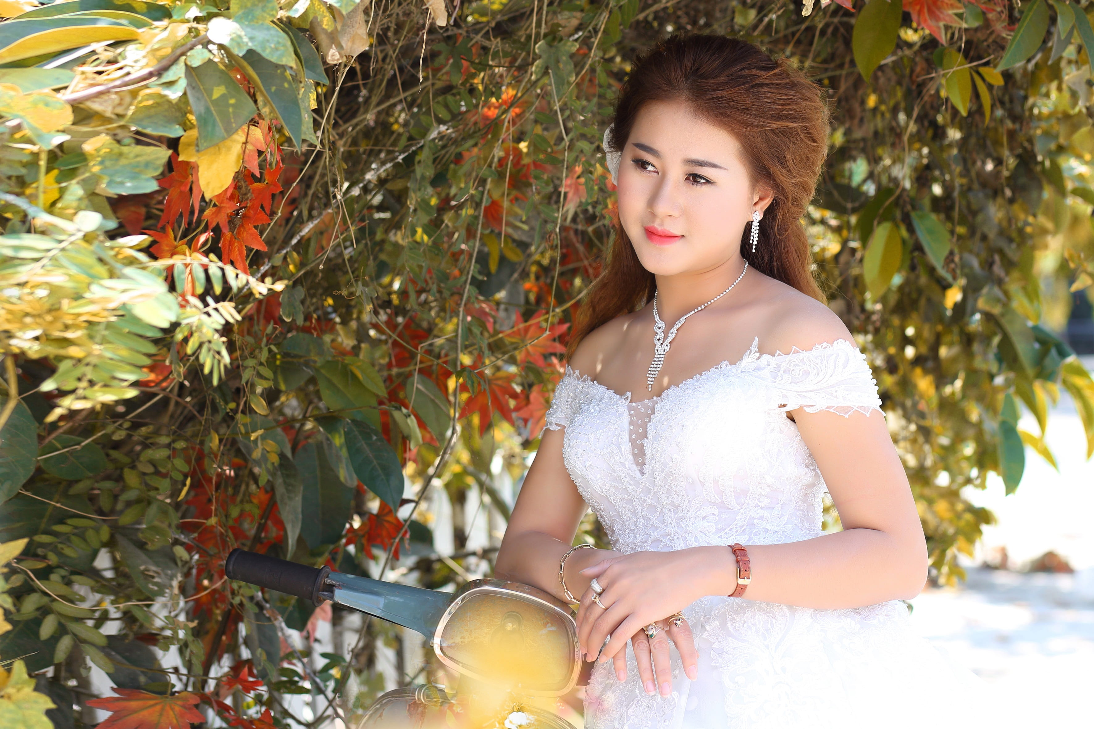 one woman only, one person, young women, portrait, vietnam, fashion, hairstyle, waist up, 2K, looking at camera, adult, tree, charming smile, women, standing, HD Wallpaper