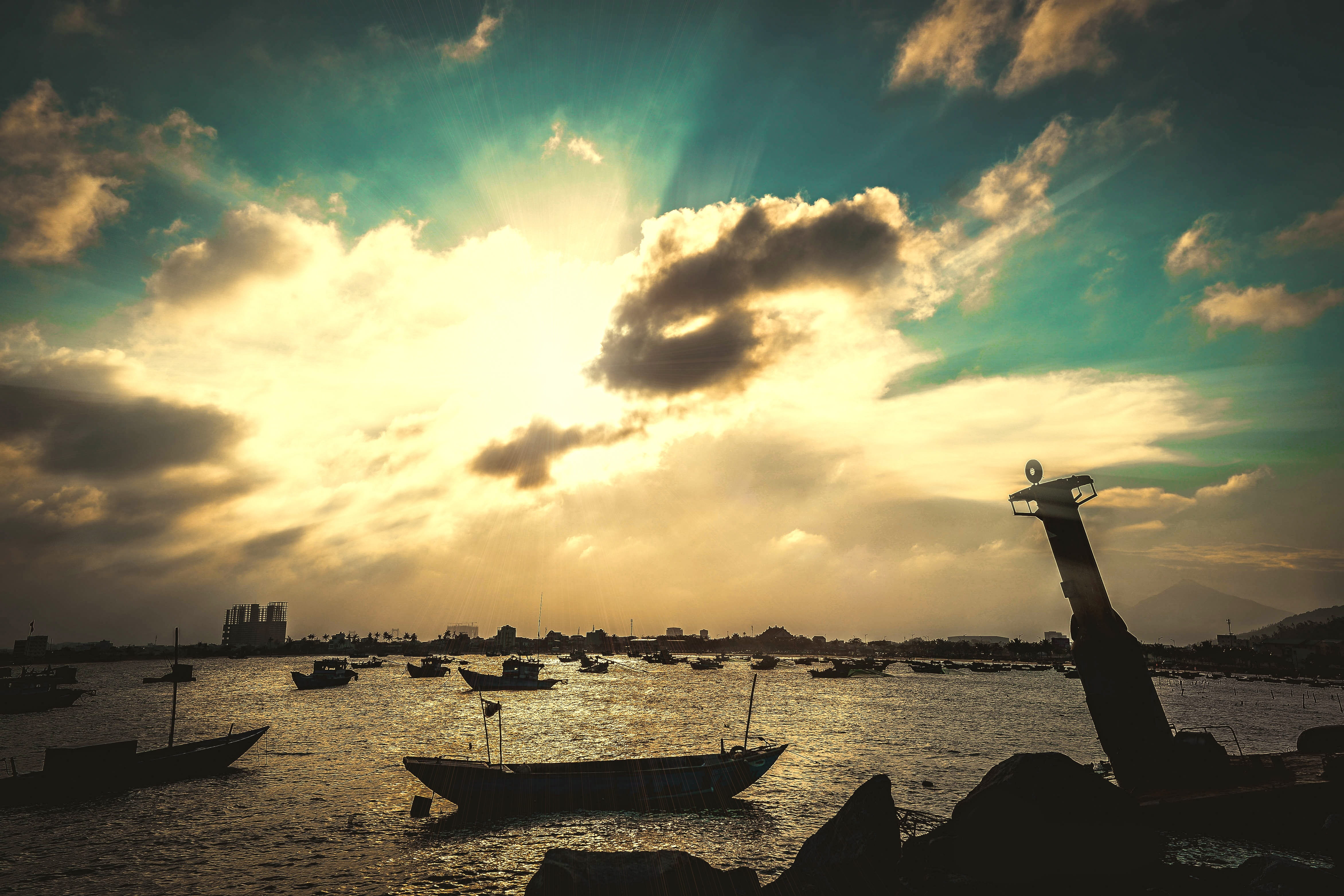 sun, nature, cloudscape, beach viet nam, transportation, scenics - nature, sunset, sunlight, tranquility, Beach, dusk, nam, silhouette, outdoors, architecture, HD Wallpaper