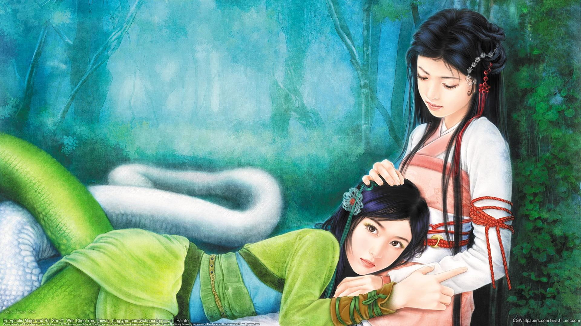 abstract, fairy, anime, girls, 2girls, dream, angel, girl, chen, two, color, wen chen yen, 1080P, women, HD Wallpaper
