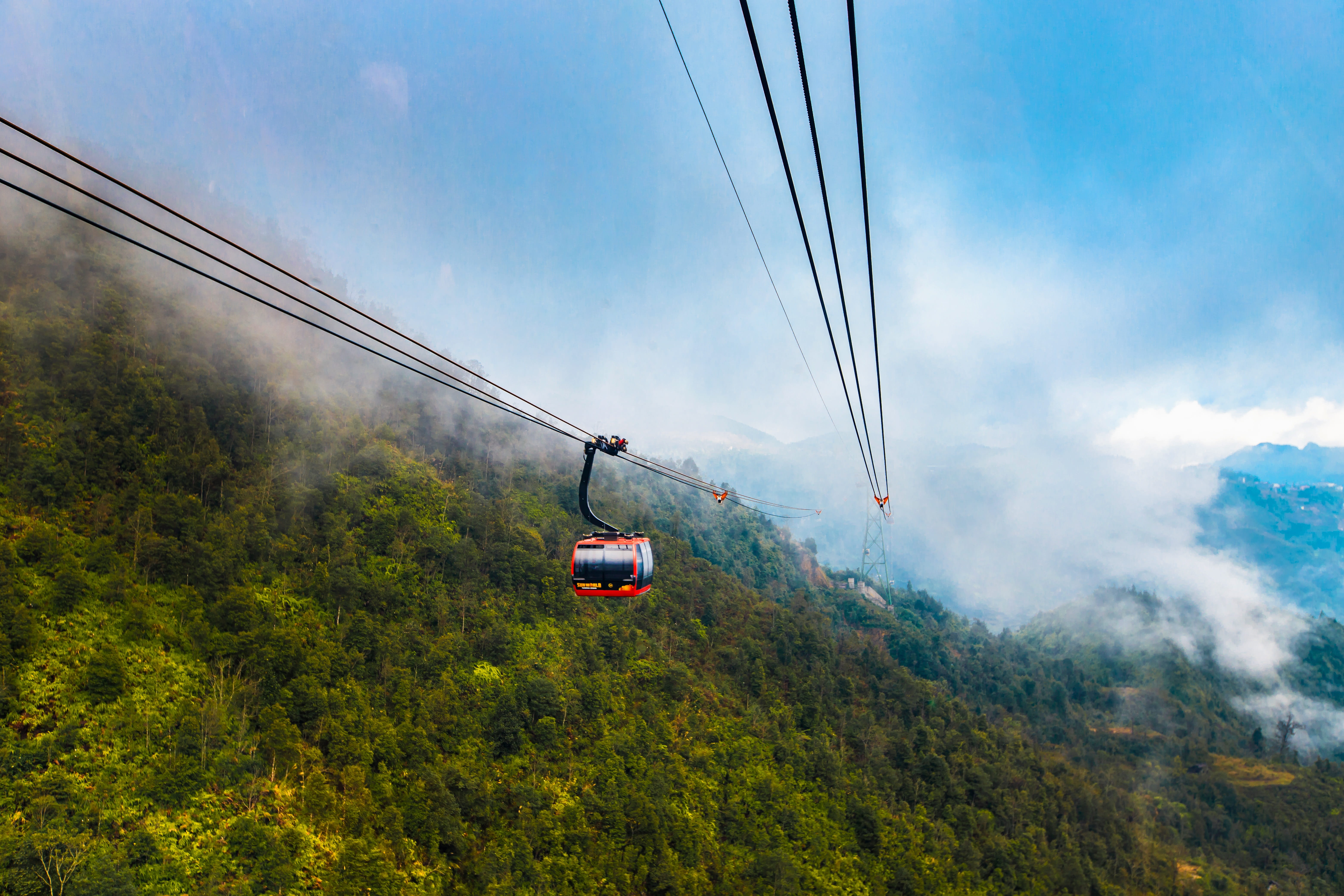travel sapa, fog, 5K, transportation, blue sky, ski lift, cable cars, cable car, clouds, sapa, tree, no people, outdoors, cloud, mode of transportation, HD Wallpaper