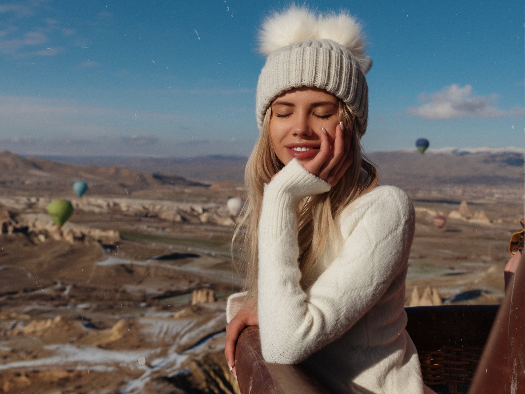 720P, sweater dress, sweater, long hair, closed eyes, Nata Lee, smiling, snow caps, white cap, women, white clothing, photography, hand on face, depth of field, HD Wallpaper