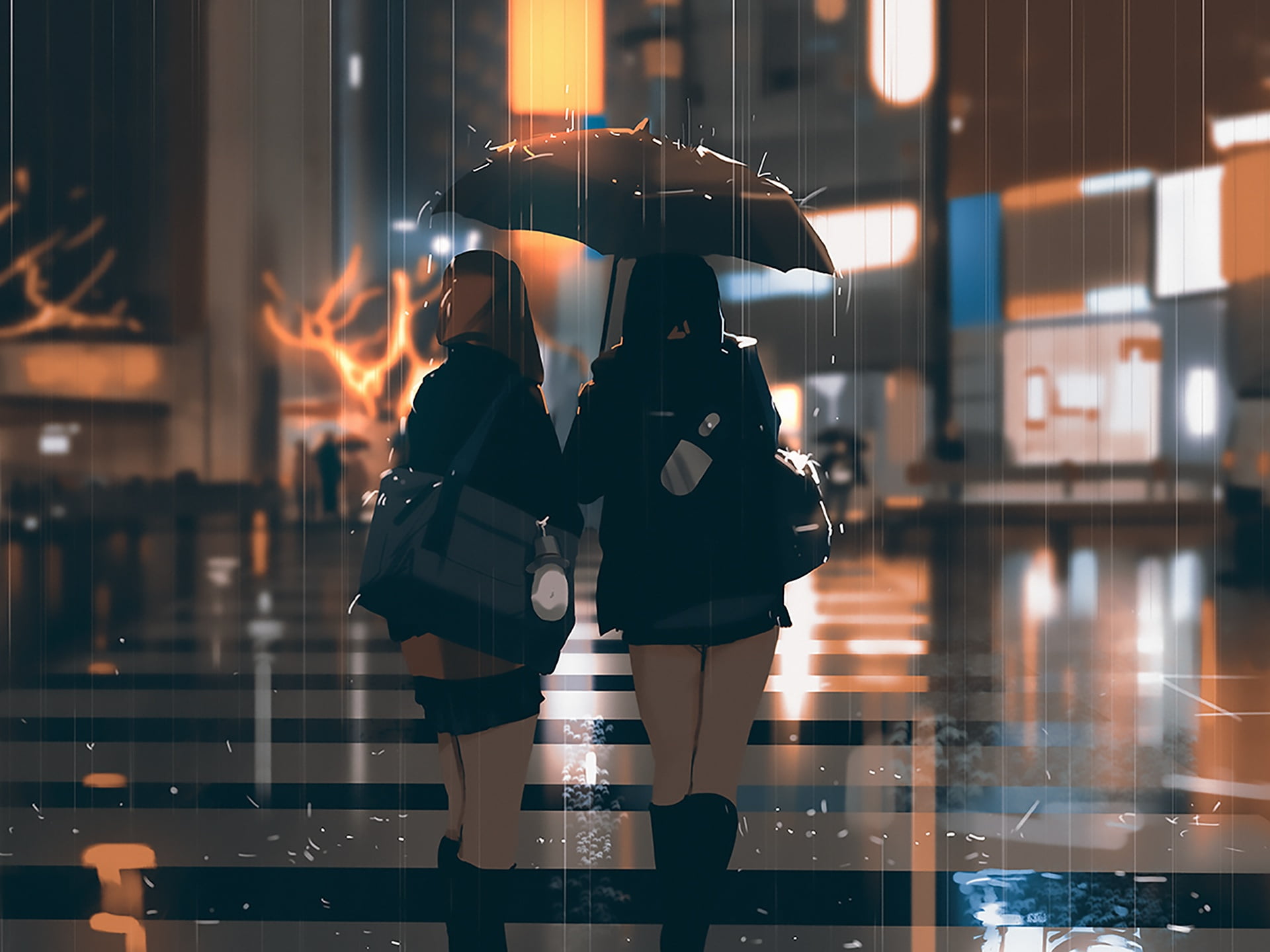 street, city, Schoolgirls, Japan, the evening, from the back, keychain, bag, rain, friend, crosswalk, lights, under the umbrella, 1080P, wet asphalt, two, HD Wallpaper