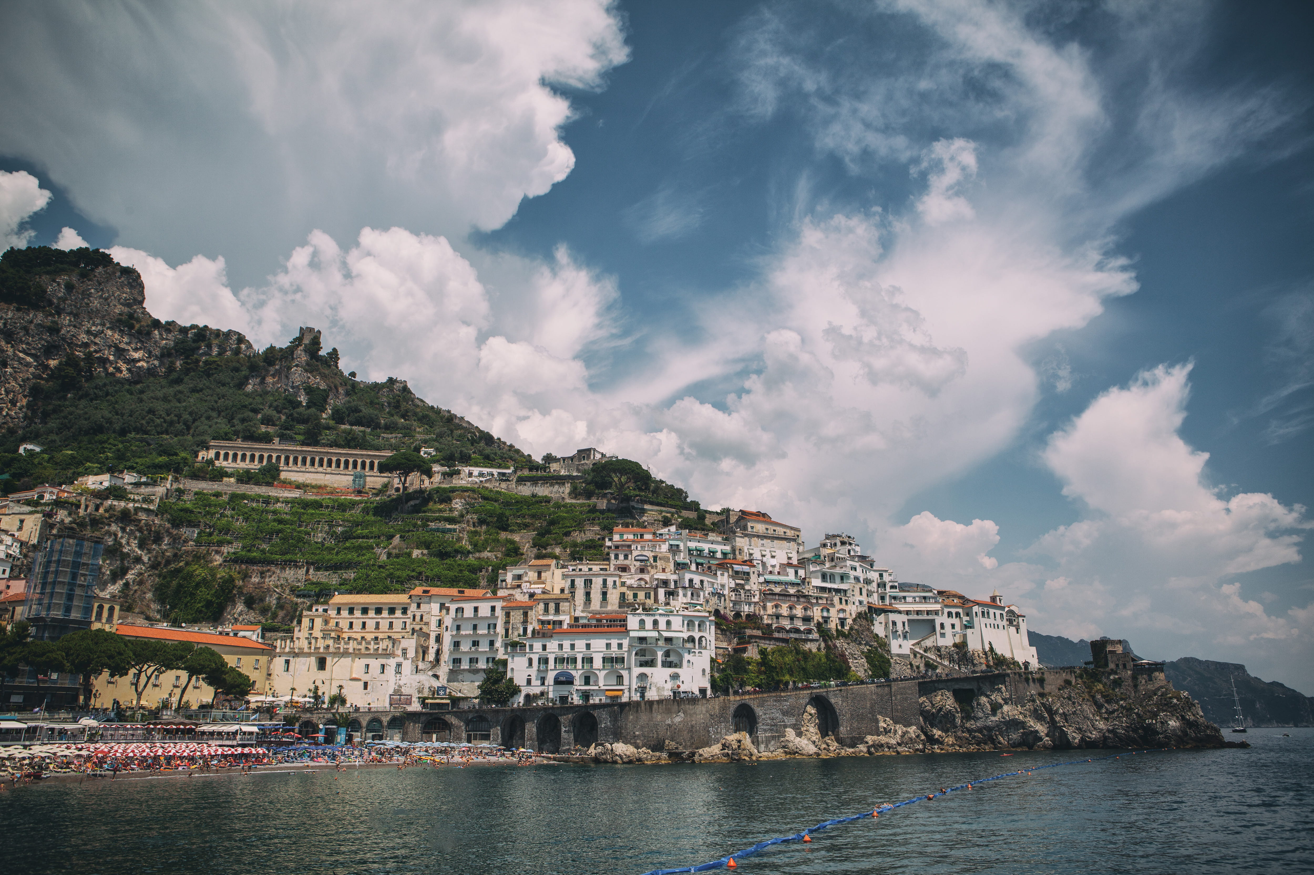 cloud - sky, sky, residential district, taken, building exterior, beach, mountain, back, mediterranean Sea, outdoors, amalfi, scenics, water, gorgeous, HD Wallpaper