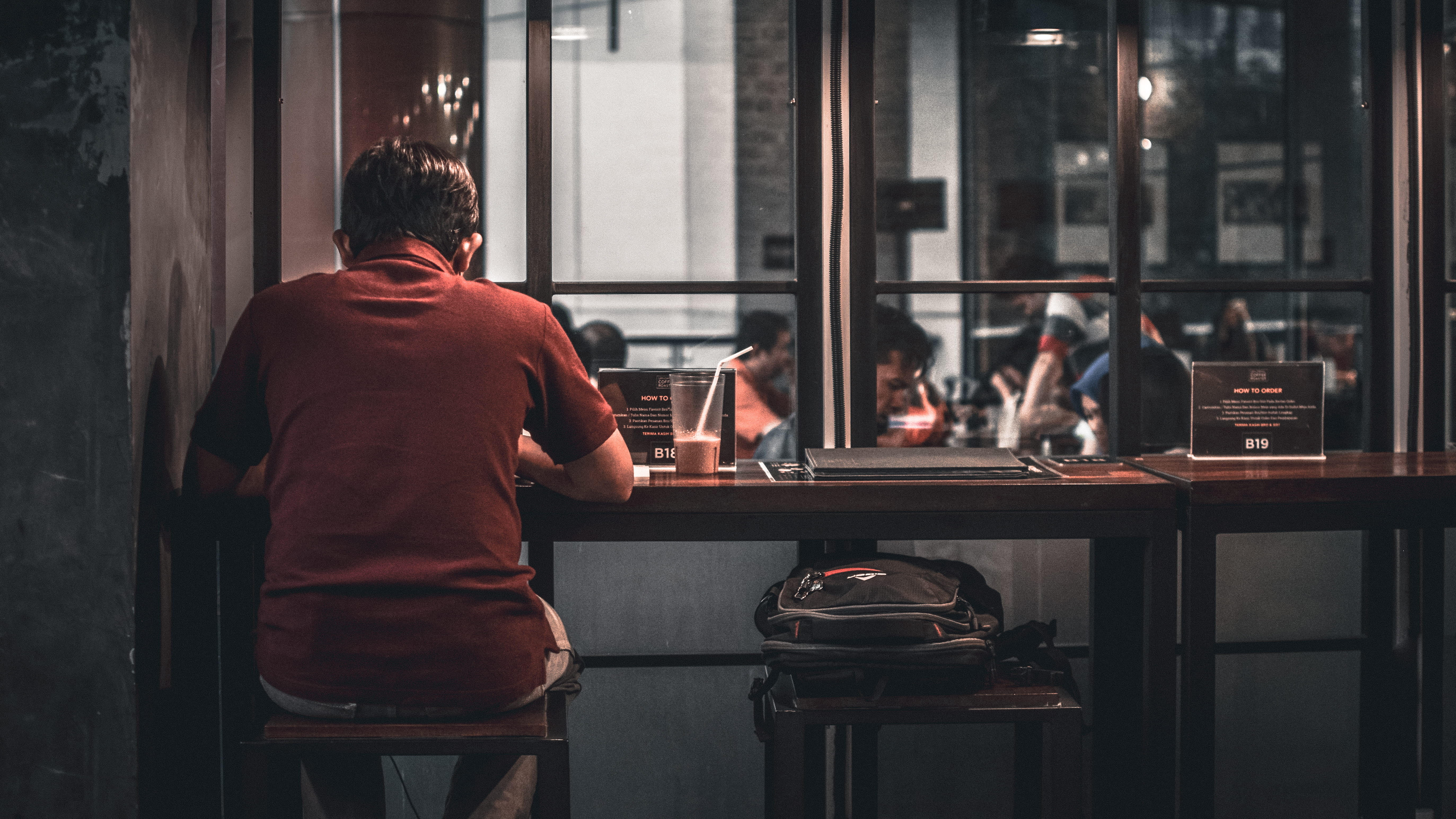 business, from behind, drink, person, seat, bar, three quarter length, men, coffee shop, people, refreshment, wooden, man, brown, indoors, real people, HD Wallpaper