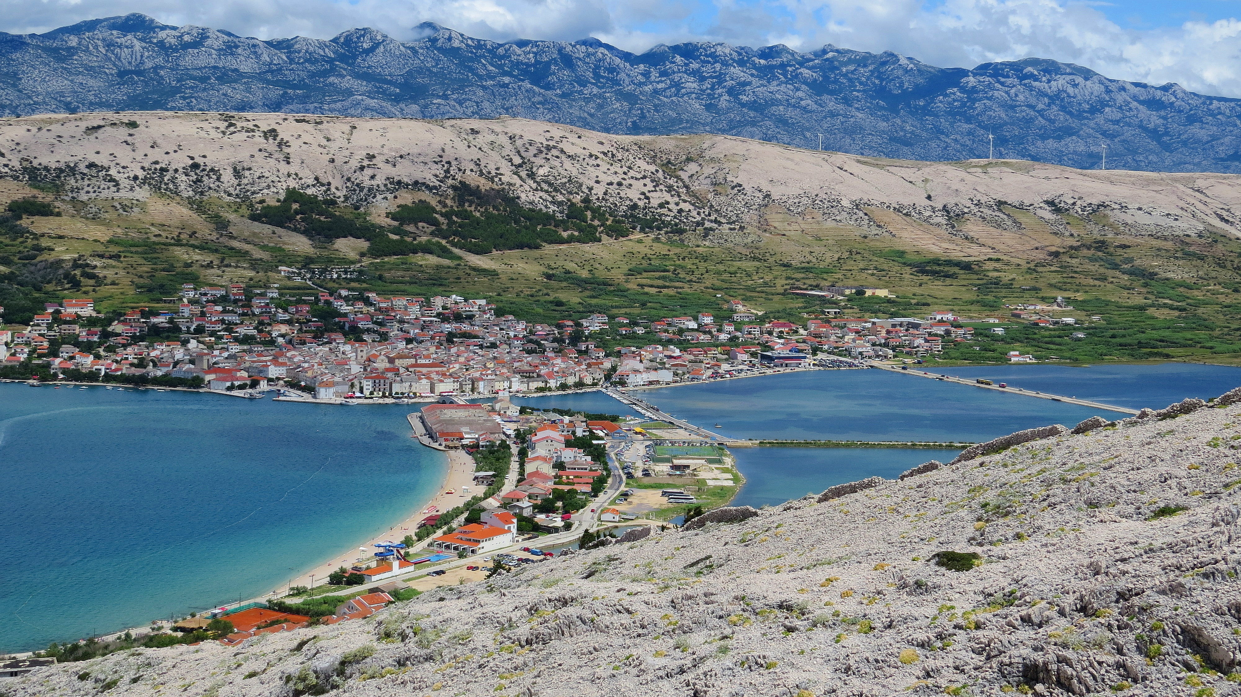 pag, water, beach, transportation, building, croatia, mountains, nature, view from above, mountain range, lake, panorama of the city, sea, panorama, view, HD Wallpaper