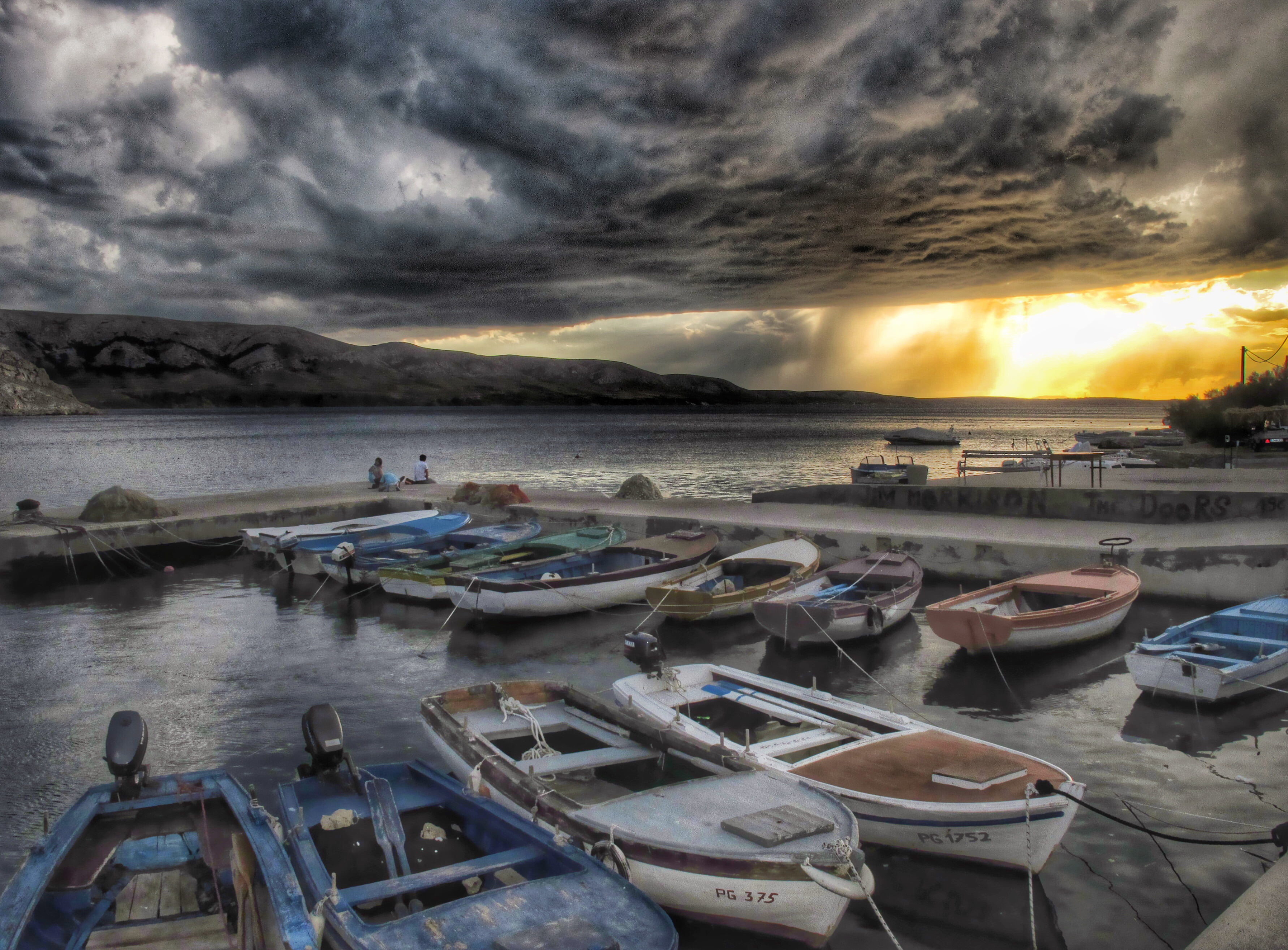 sea  port, brave, threat, sunset, Pag, nautical Vessel, storm  clouds, untitled, 2K, dusk, sea, boats, nature, water, HD Wallpaper