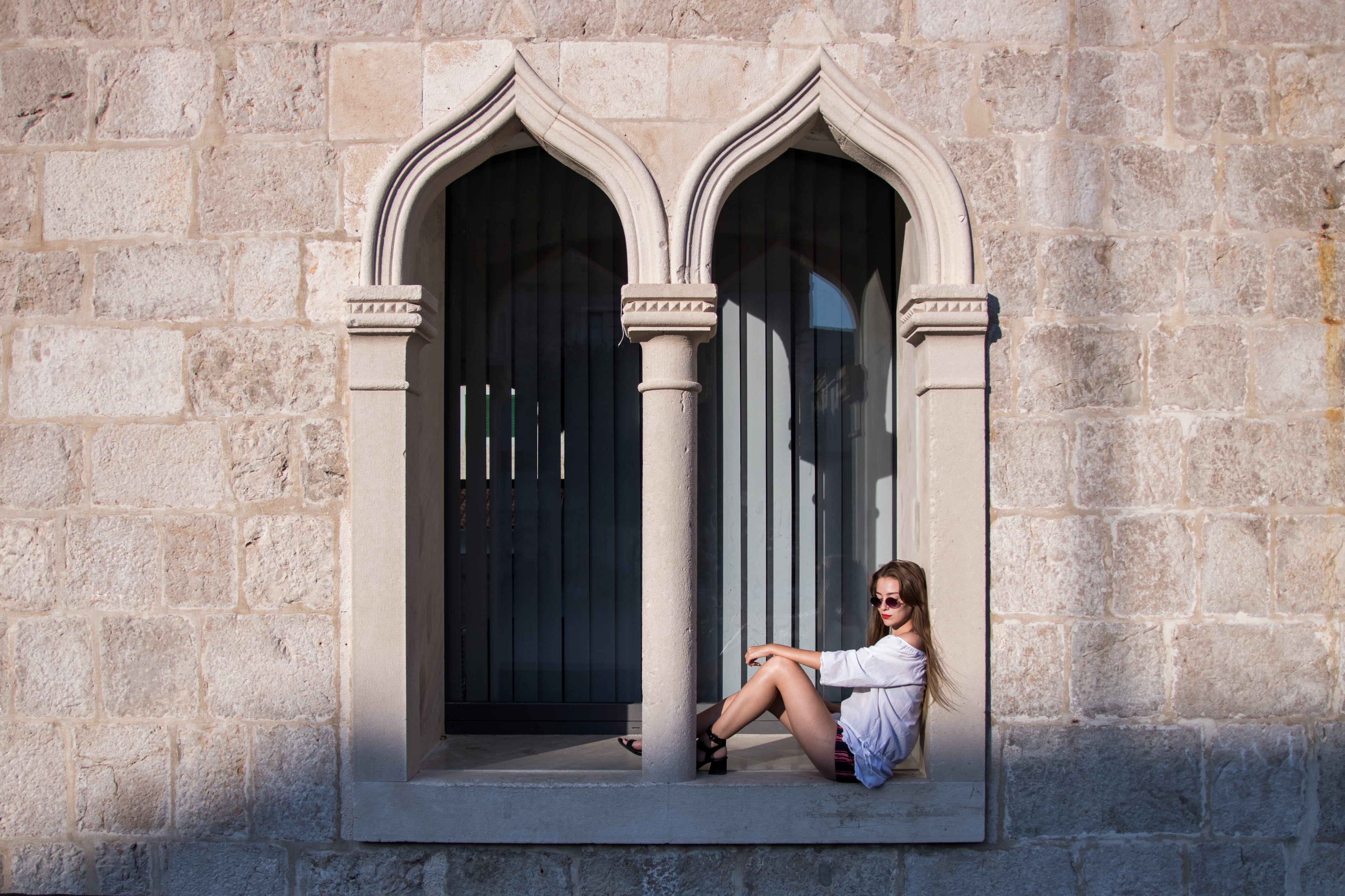 pose, architecture, flagstone, day, human, building, light, wall - building feature, apparel, lifestyles, young women, croatia, one person, built structure, HD Wallpaper