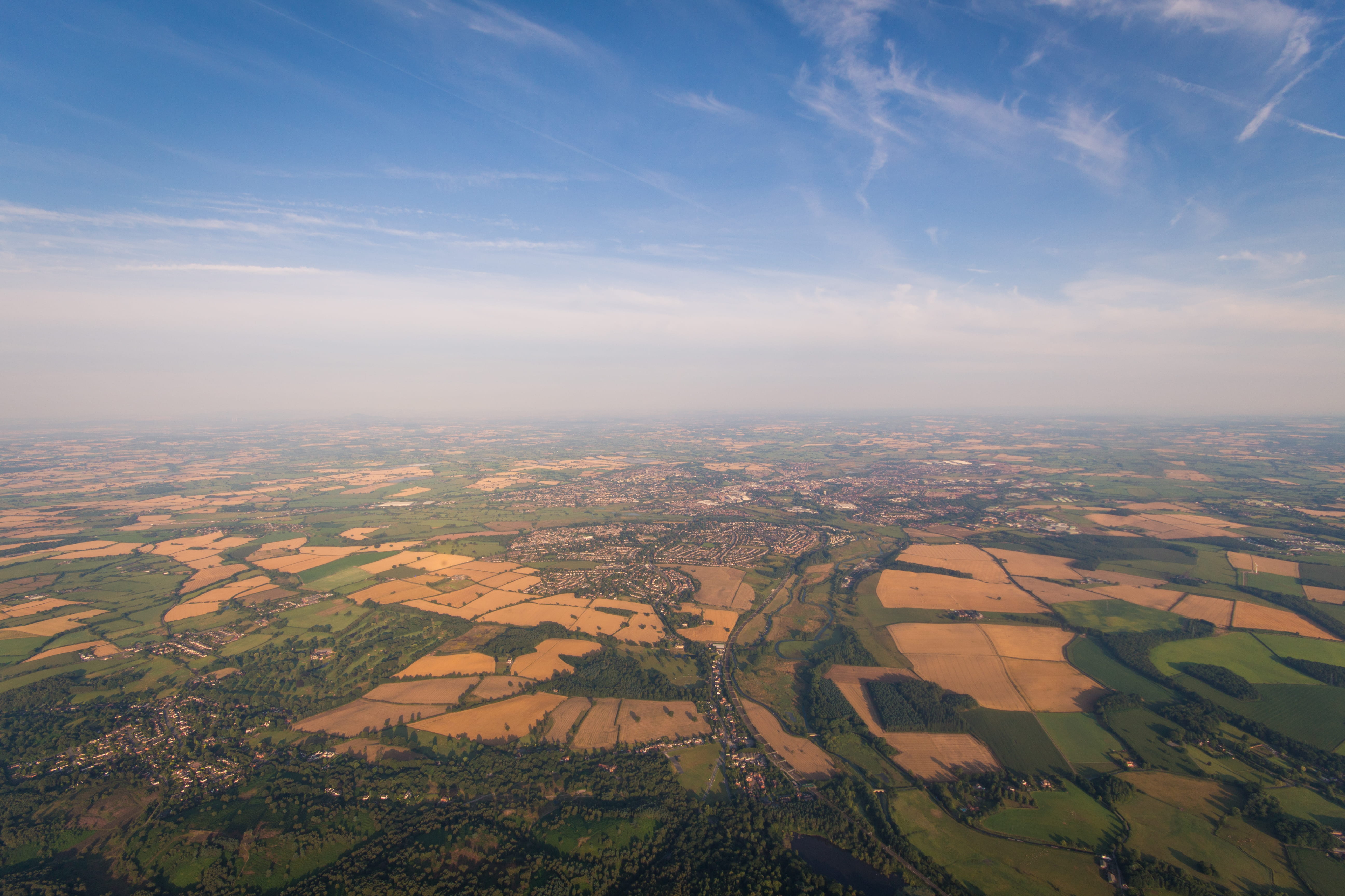 city, tranquil scene, daytime, agriculture, outdoors, blue, environment, view, united kingdom, stafford, field, patchwork landscape, no people, countryside, HD Wallpaper