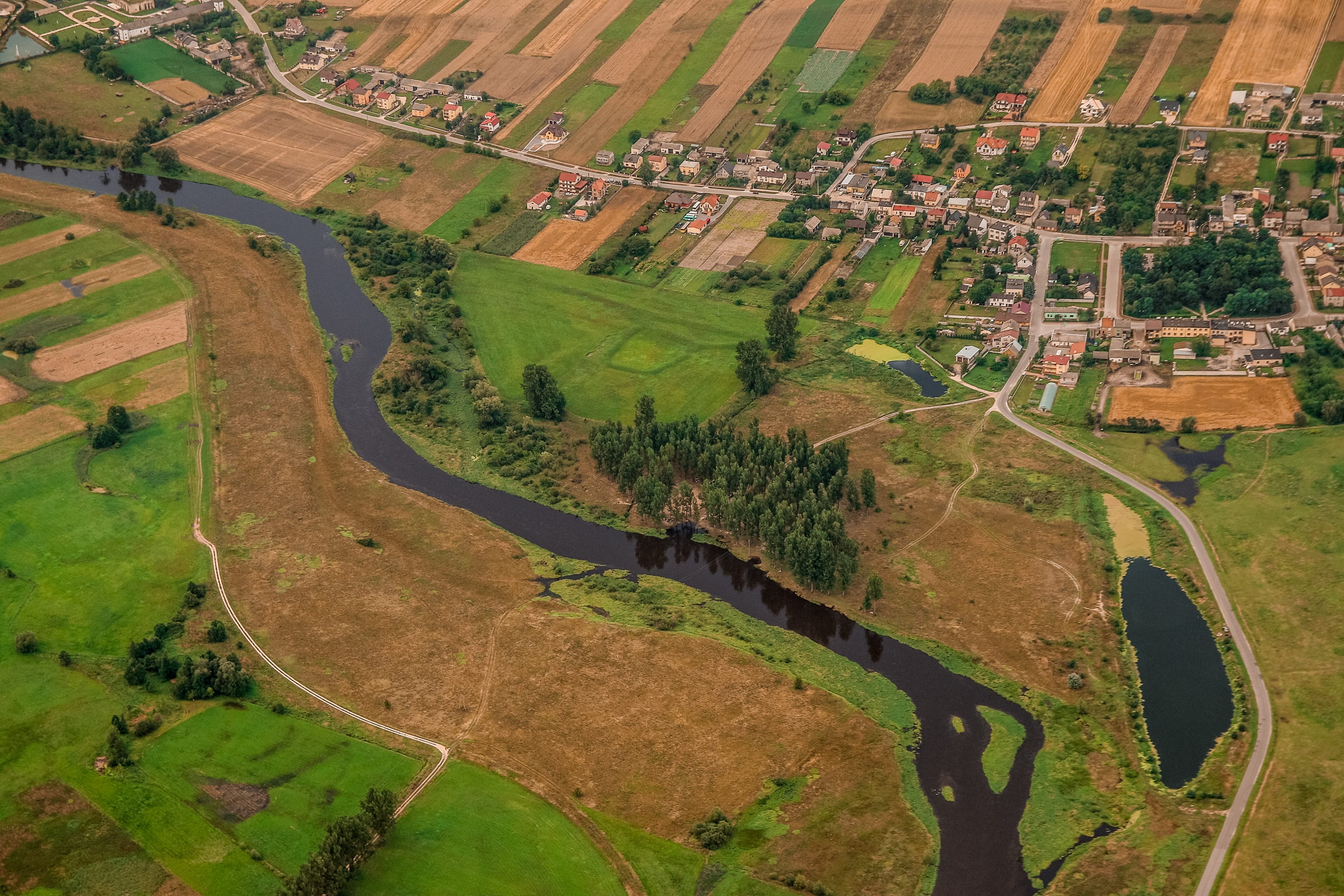 tranquility, farm, aerial view, environment, river, high angle view, day, 2K, flight, rural scene, beauty in nature, field, poland, no people, landscape, HD Wallpaper