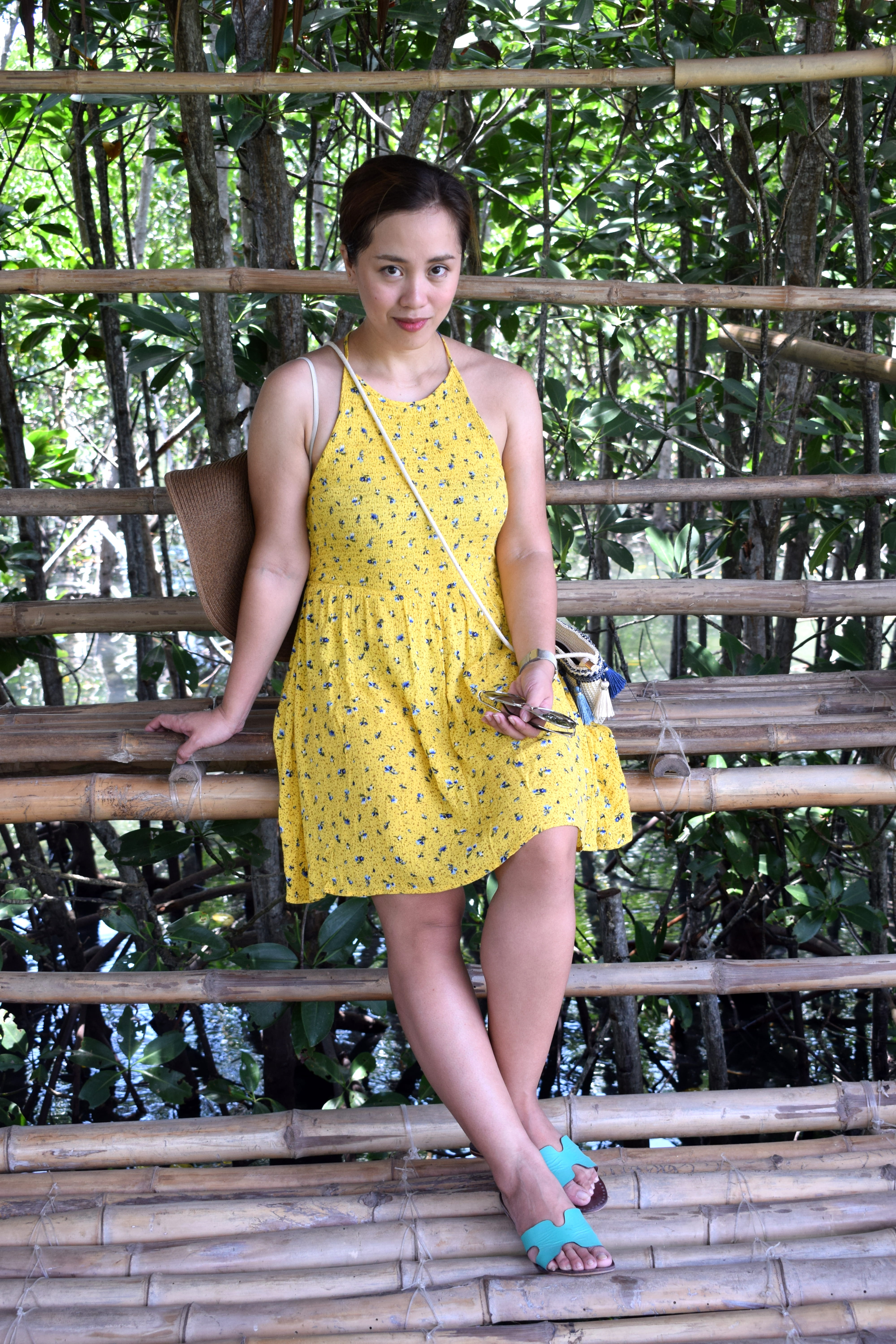 yellow dress, tree, day, portrait, leisure activity, young adult, style, casual clothing, pose, mangroves, lifestyles, railing, yellow, real people, beautiful woman, Phone HD Wallpaper