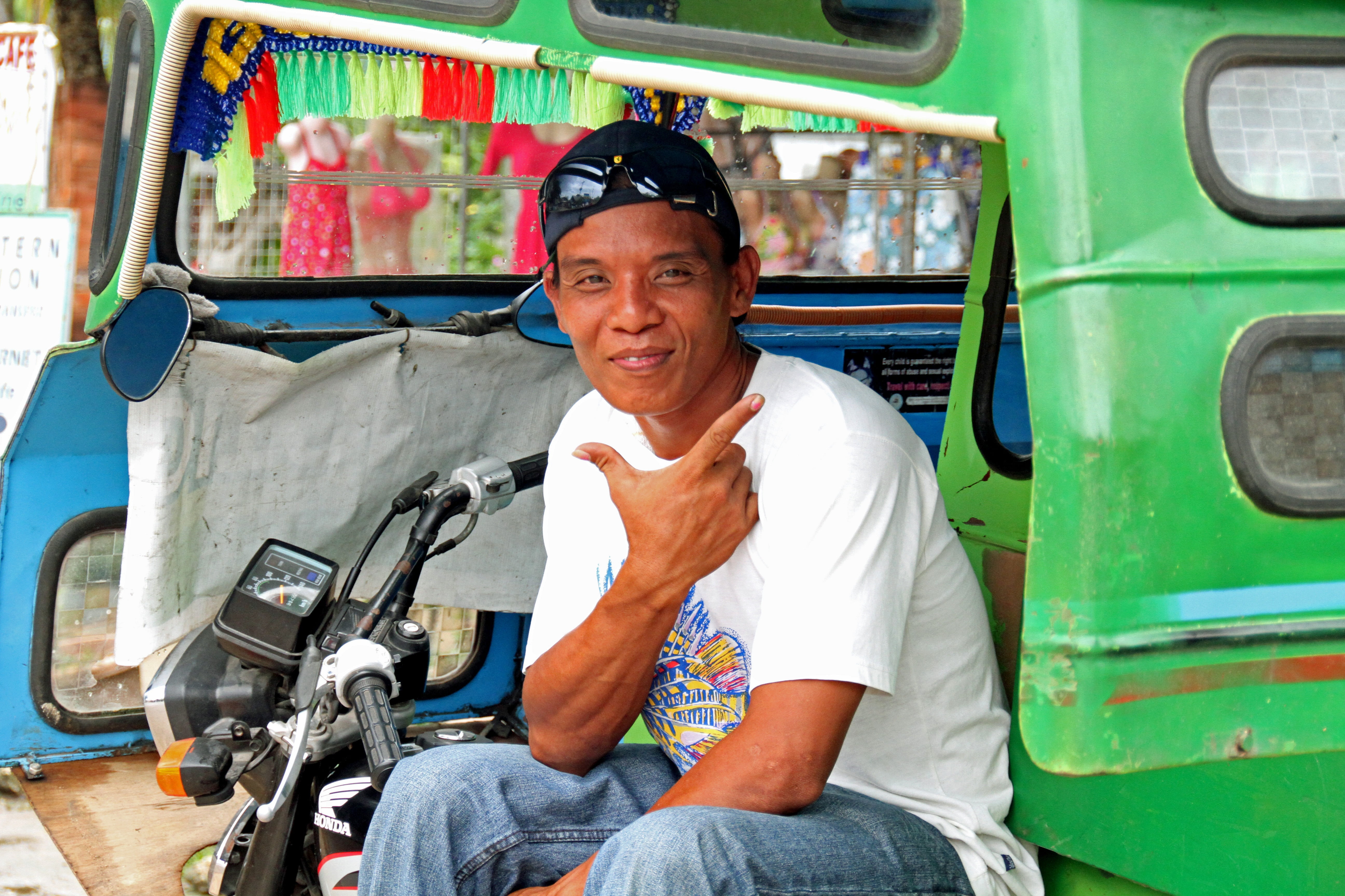 man, rickshaw, tuktuk, emotion, filipino, casual clothing, mature adult, transportation, 5K, uniform, one person, occupation, driver, land vehicle, front view, HD Wallpaper