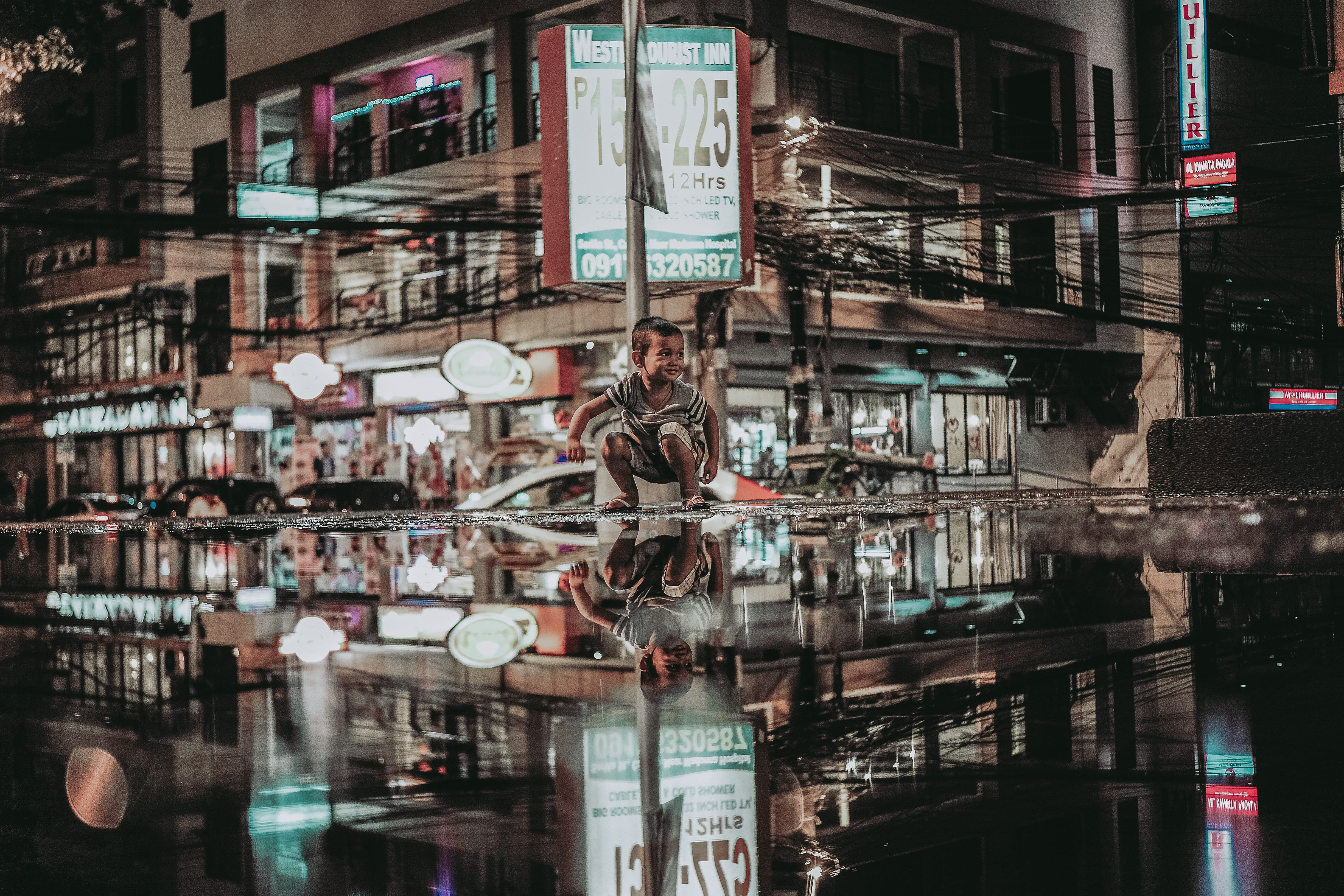 restaurant, photography, built structure, road, puddle, city, urban, building, kid, day, roadside, kid playing, transparent, filipino, photo, HD Wallpaper