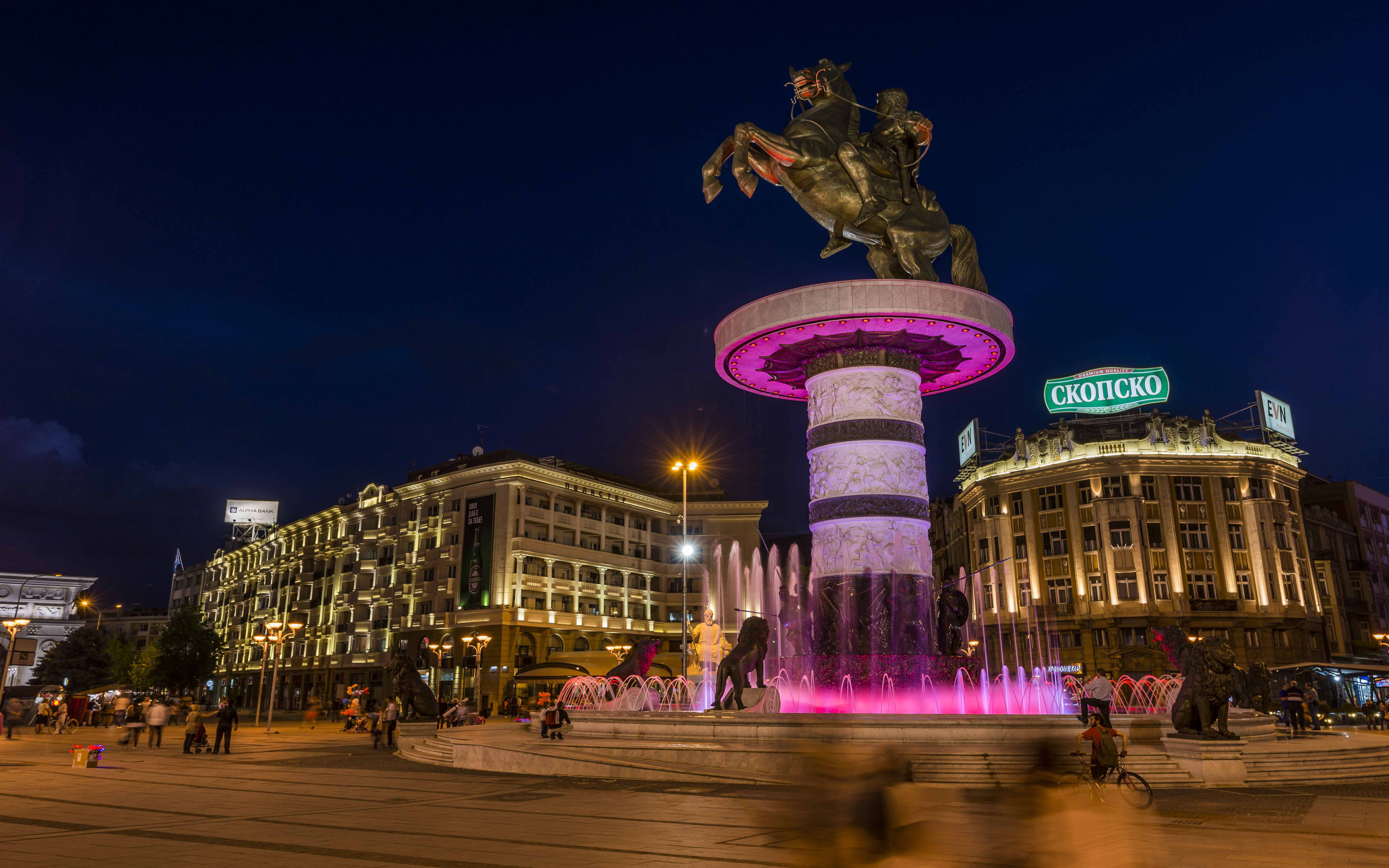 tourism, travel destinations, hd, group of people, alexander, skopje, architecture, skyscraper, city, outdoors, sky, night, city life, building, HD Wallpaper
