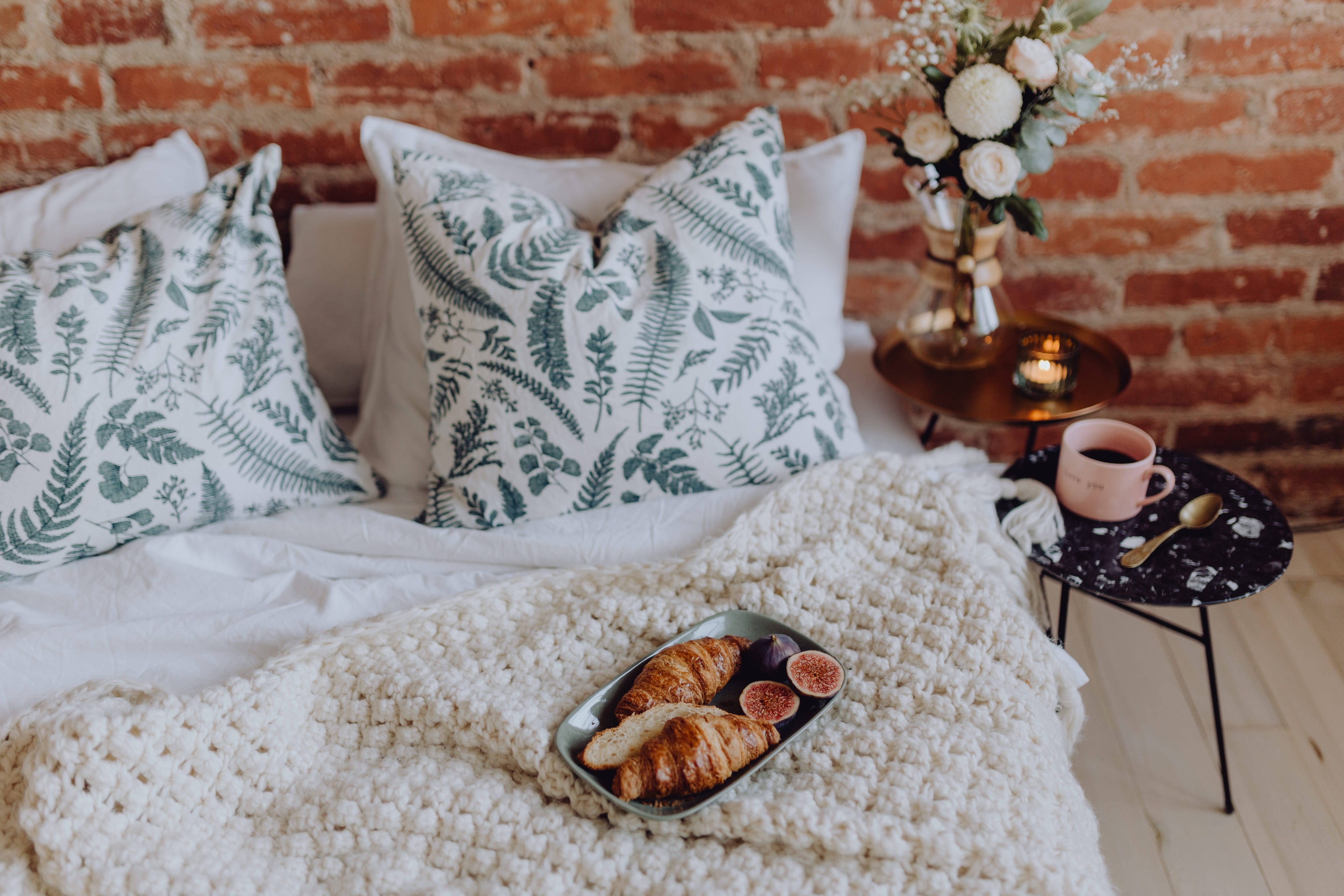 indoors, lifestyles, breakfast in bed, 5K, food, textile, focus on foreground, rug, domestic room, table, croissant, floral pattern, bouquet, woman, luxury, HD Wallpaper
