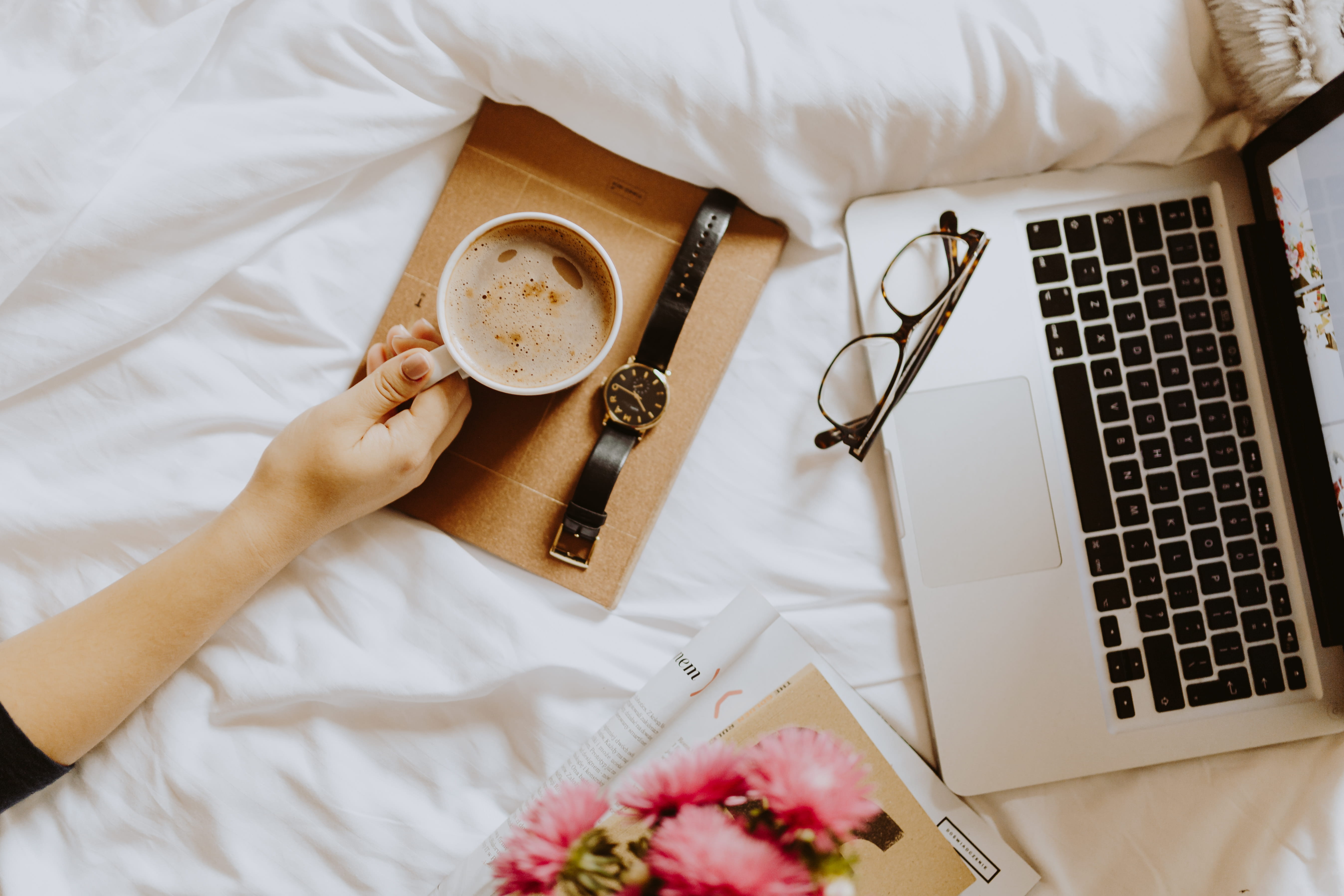 bed, morning, loft, one person, drinking, bed office, apartment, breakfast, adult, coffee - drink, holding, human body part, coffee cup, cup, human hand, HD Wallpaper