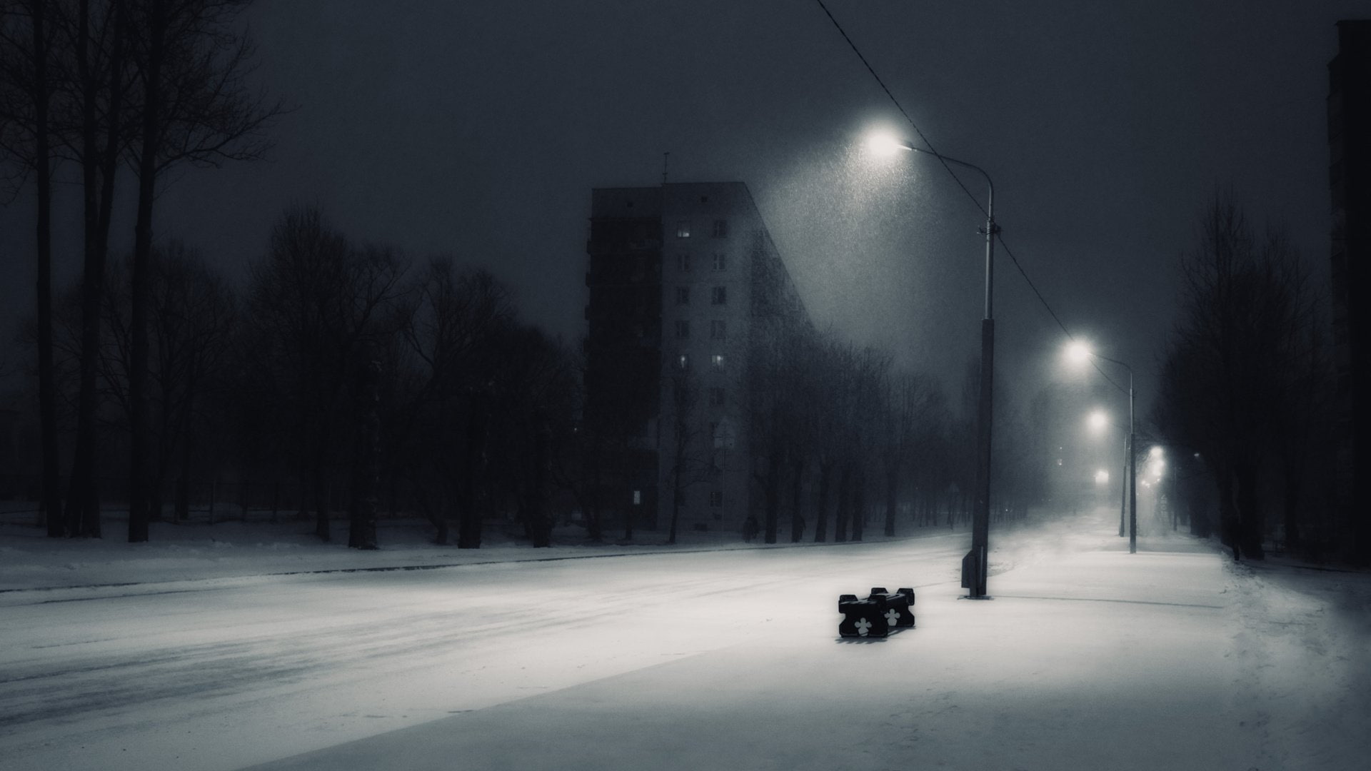 street light, monochrome, city, gray, snow, Russia, bench, night, 1080P, HD Wallpaper