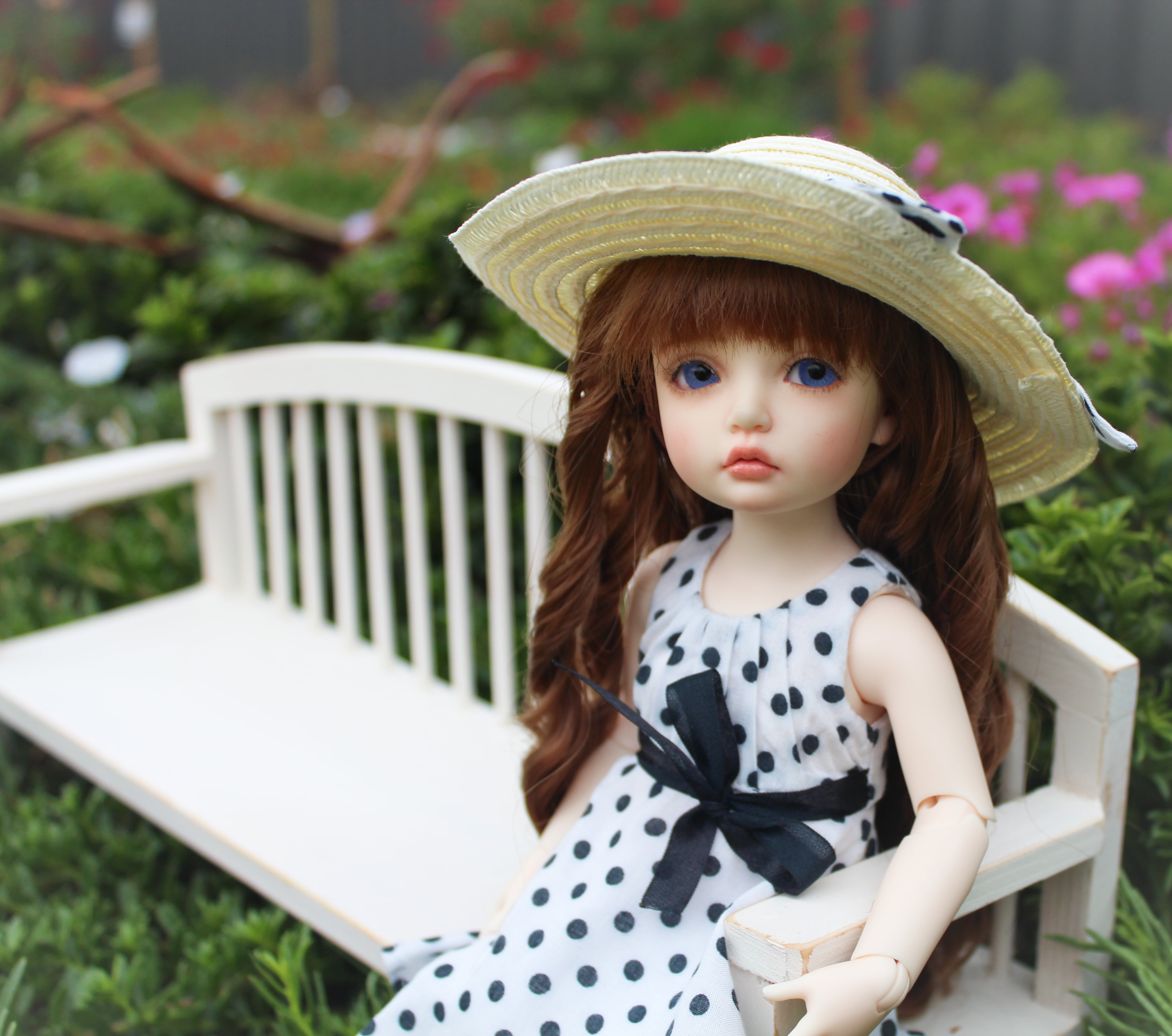 smiling, hat, real people, clothing, one Person, chair, formal Garden, childhood, bow, child, summer, lifestyles, women, flowers, grass, outdoors, green Color, HD Wallpaper