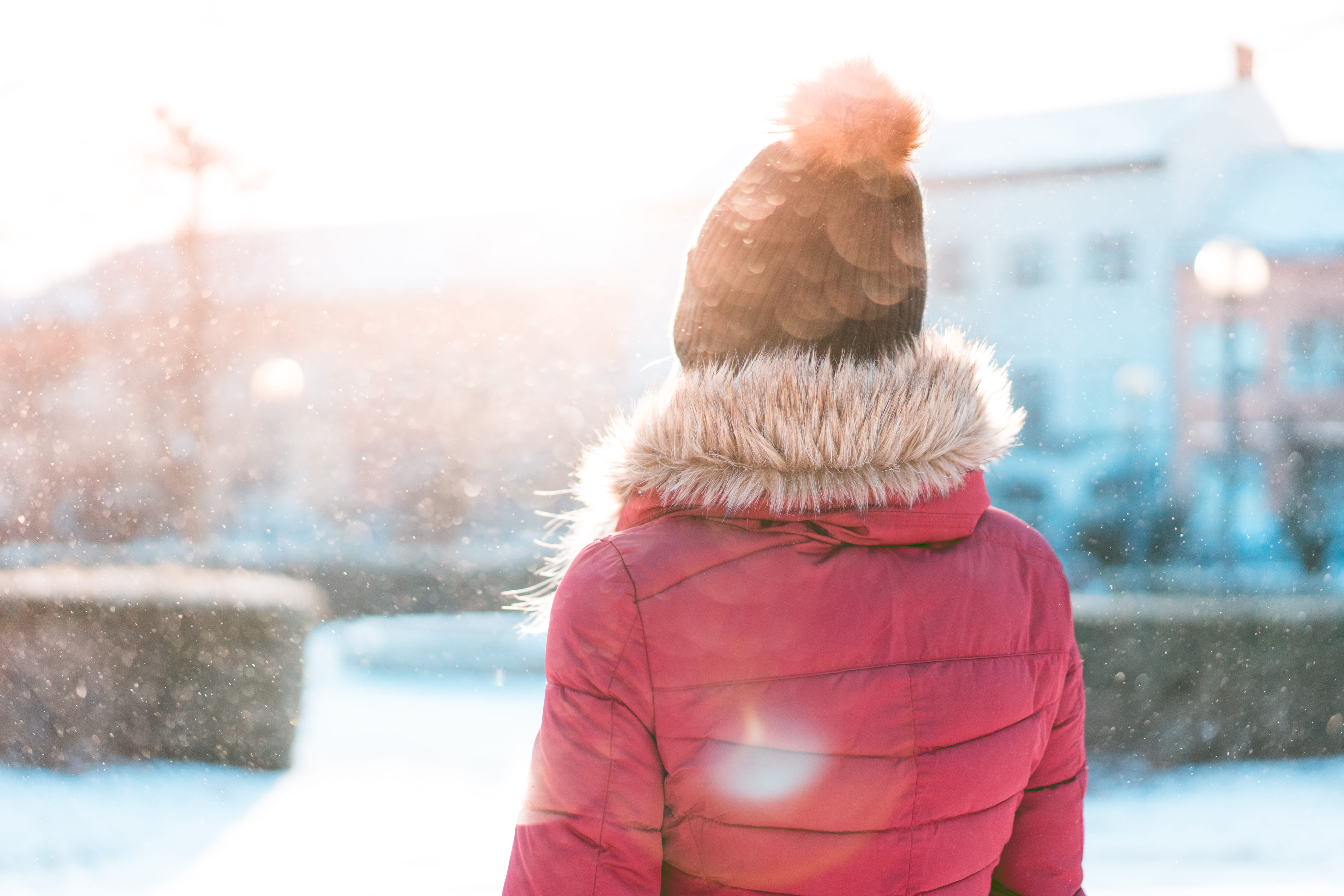 coat, adult, girl, waist up, nature, snowing, hat, leisure activity, day, lens flare, cold, extreme weather, focus on foreground, shining, warm clothing, HD Wallpaper
