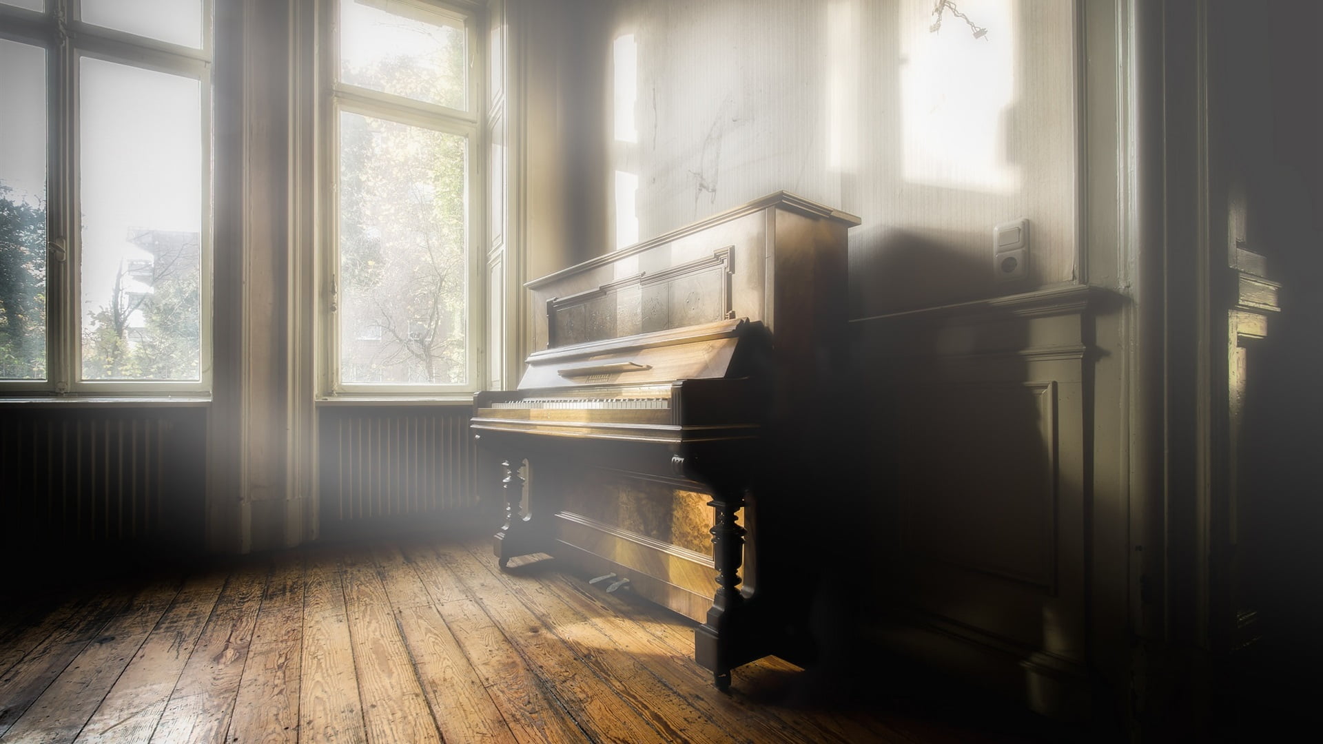 1080P, sun rays, Music Room, window, wall, wood, piano, photography, HD Wallpaper