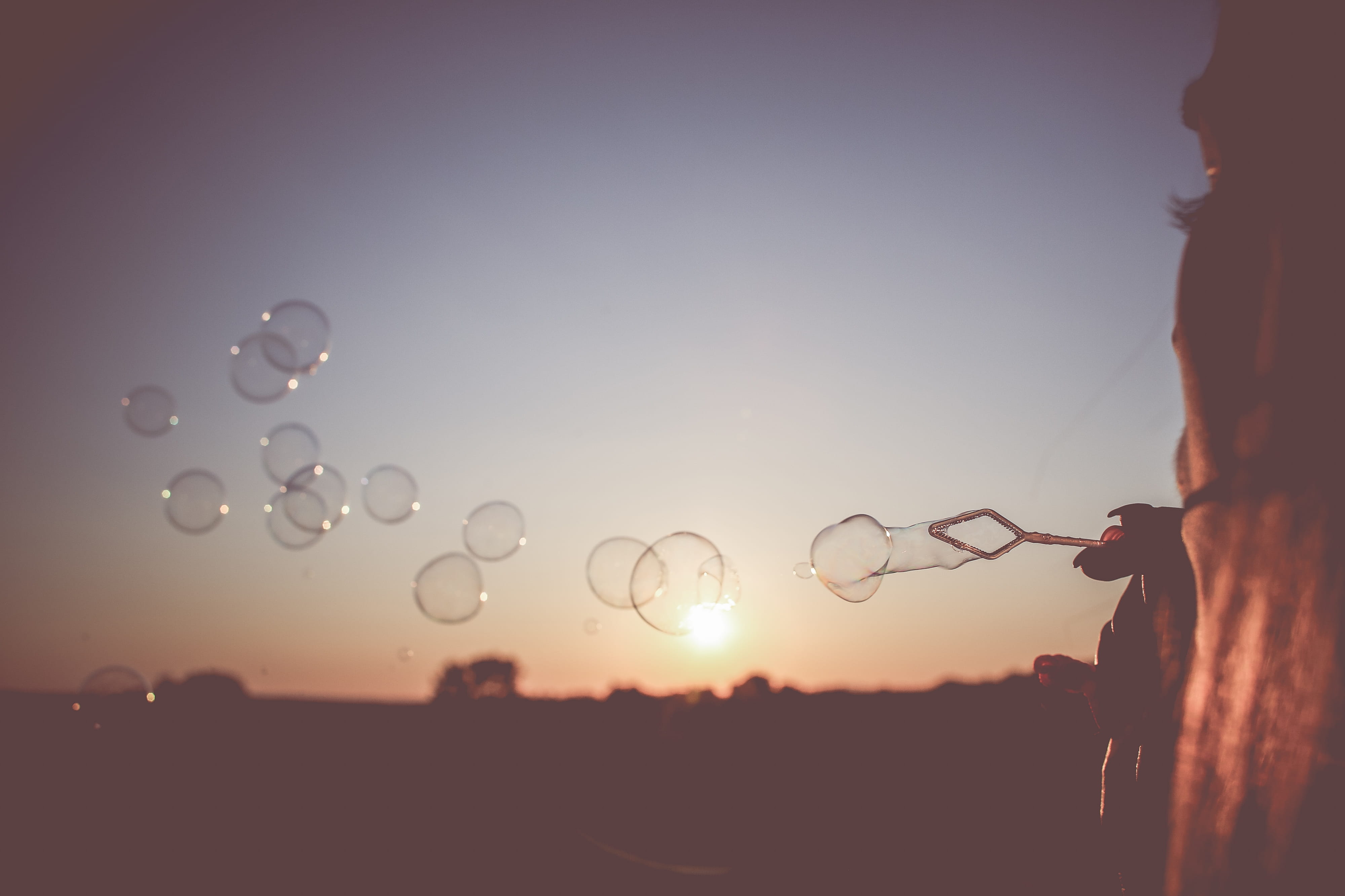 vulnerability, lifestyles, copy space, sky, leisure activity, cloudless, silhouette, girl, bubble, tranquil scene, sunrise, tranquility, close-up, illustration, HD Wallpaper