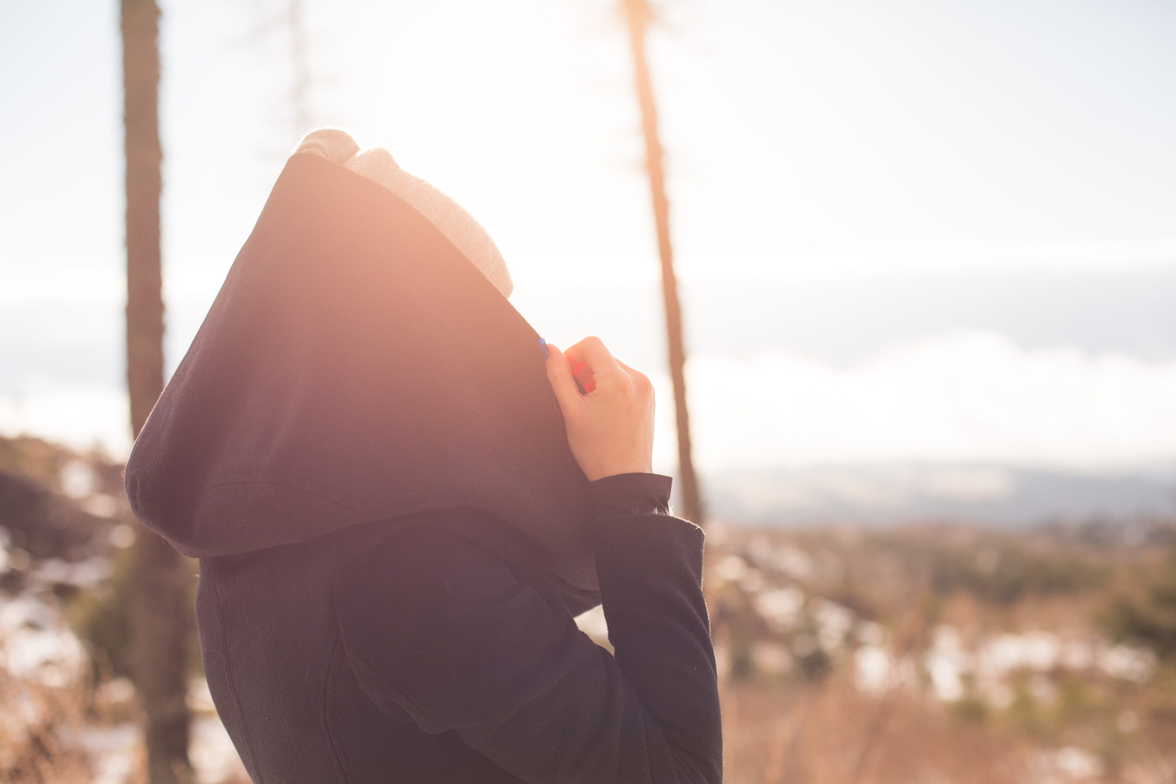 hooded, sun, Hood, 4K, hoodie, sunlights, adults only, nature, people, coat, caucasian Ethnicity, room for text, under the Sun, one Person, mid adult, HD Wallpaper