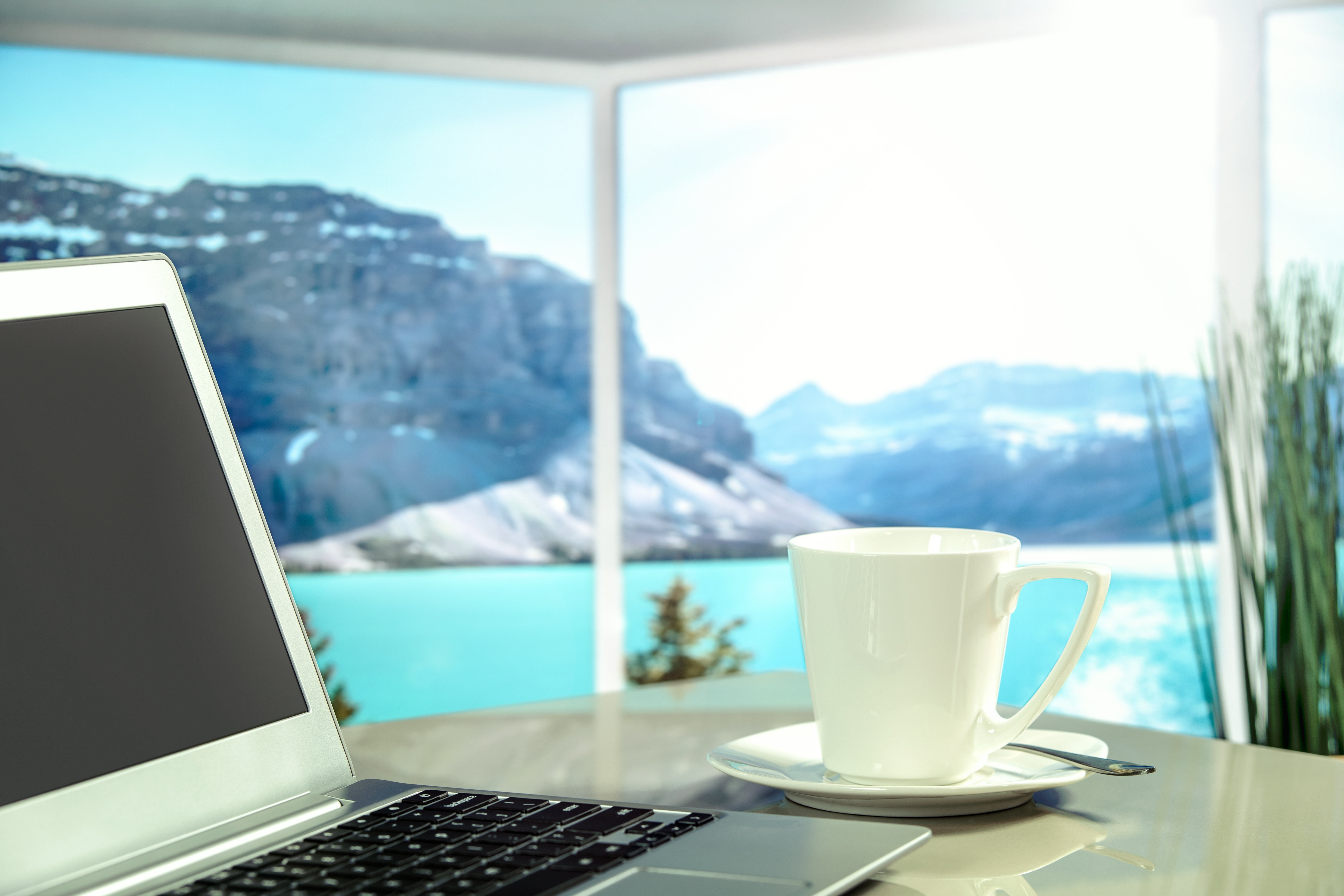 wireless technology, landscape, day, coffee, laptop, norway, white, drink, coffee - drink, water, indoors, computer, refreshment, room, teacup, 5K, table, HD Wallpaper